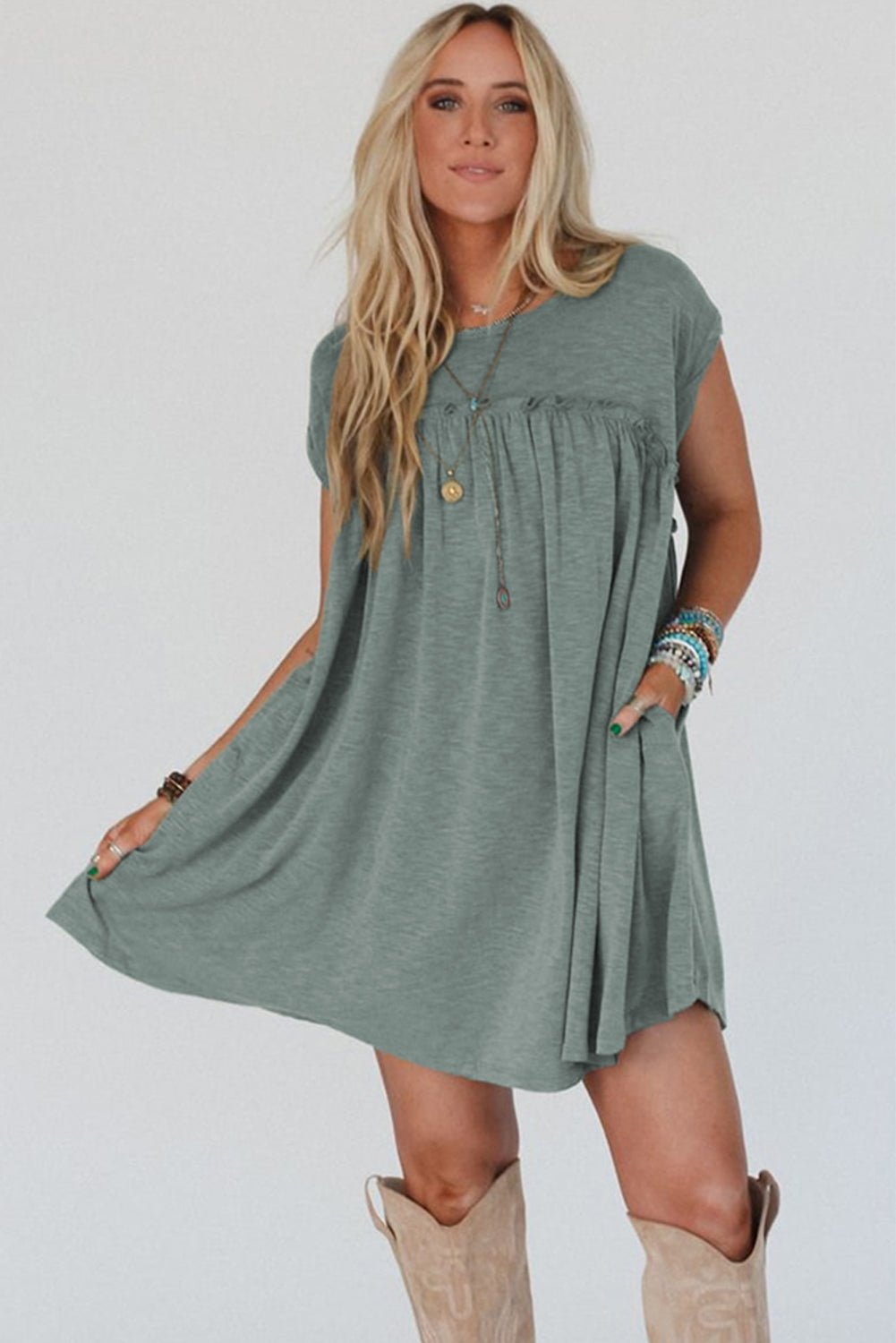 Mist Green Frilled Seam Round Neck T Shirt Dress - MAD RUFFI