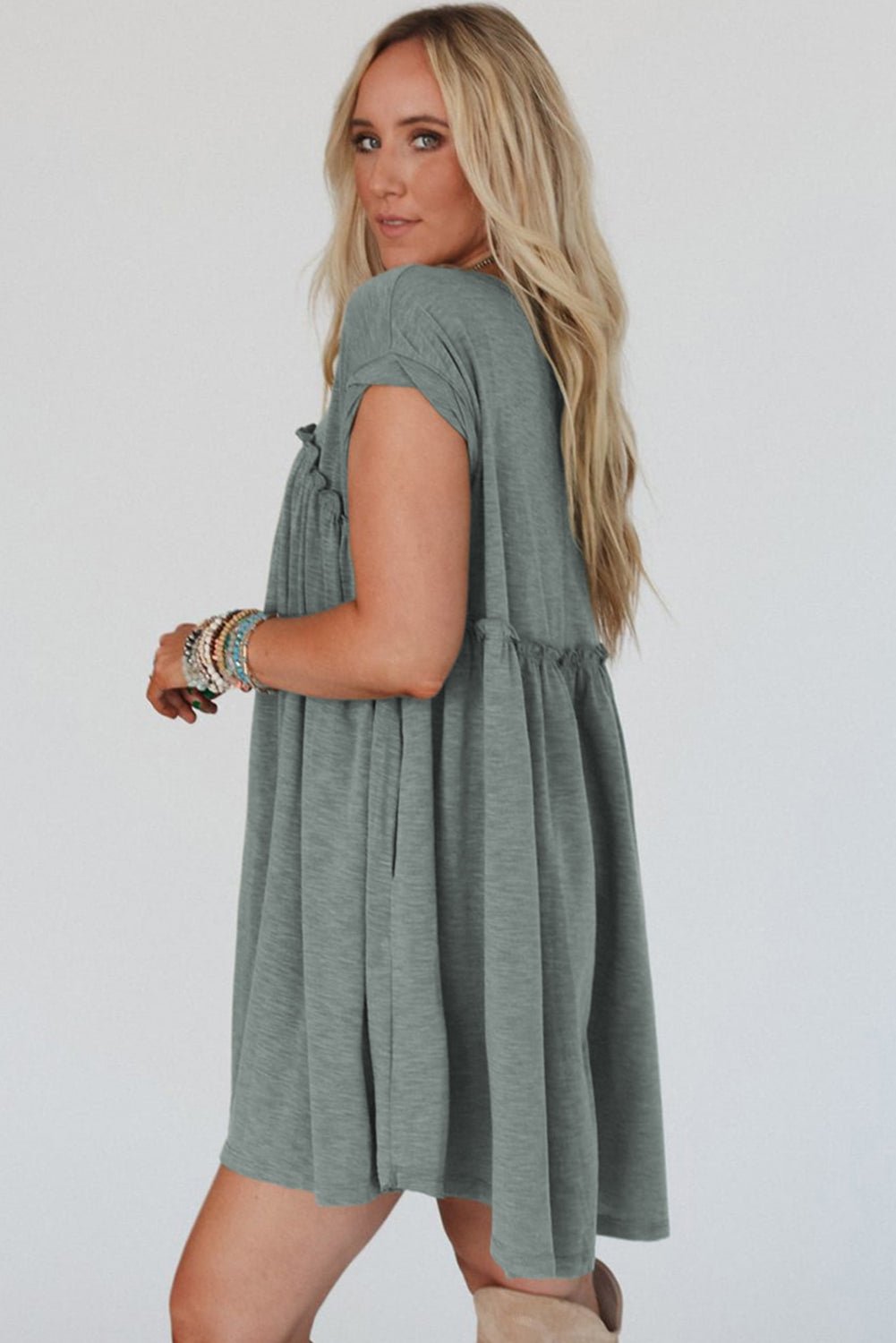 Mist Green Frilled Seam Round Neck T Shirt Dress - MAD RUFFI