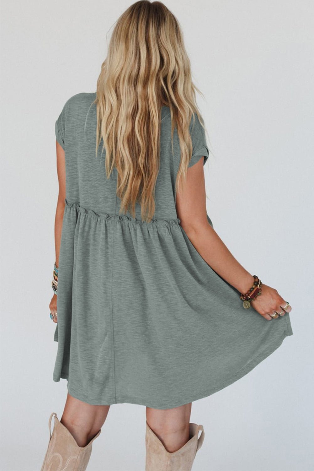 Mist Green Frilled Seam Round Neck T Shirt Dress - MAD RUFFI