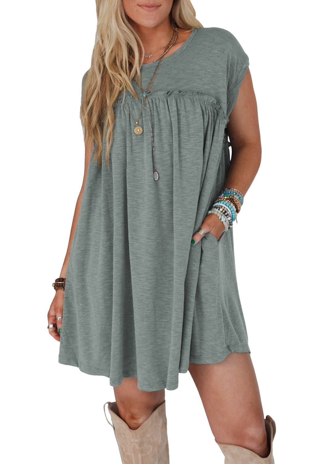 Mist Green Frilled Seam Round Neck T Shirt Dress - MAD RUFFI