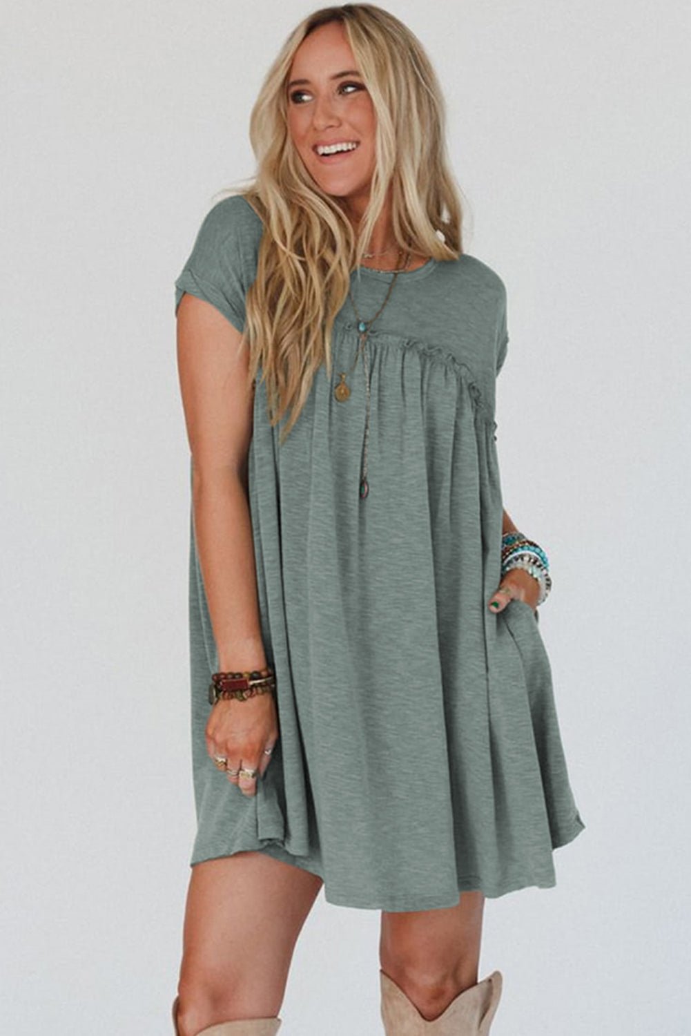 Mist Green Frilled Seam Round Neck T Shirt Dress - MAD RUFFI