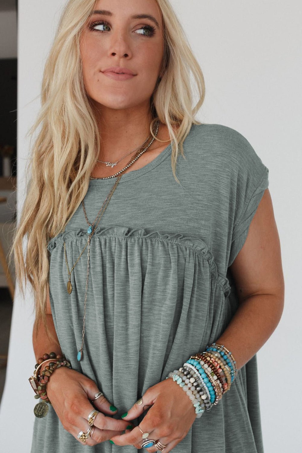 Mist Green Frilled Seam Round Neck T Shirt Dress - MAD RUFFI