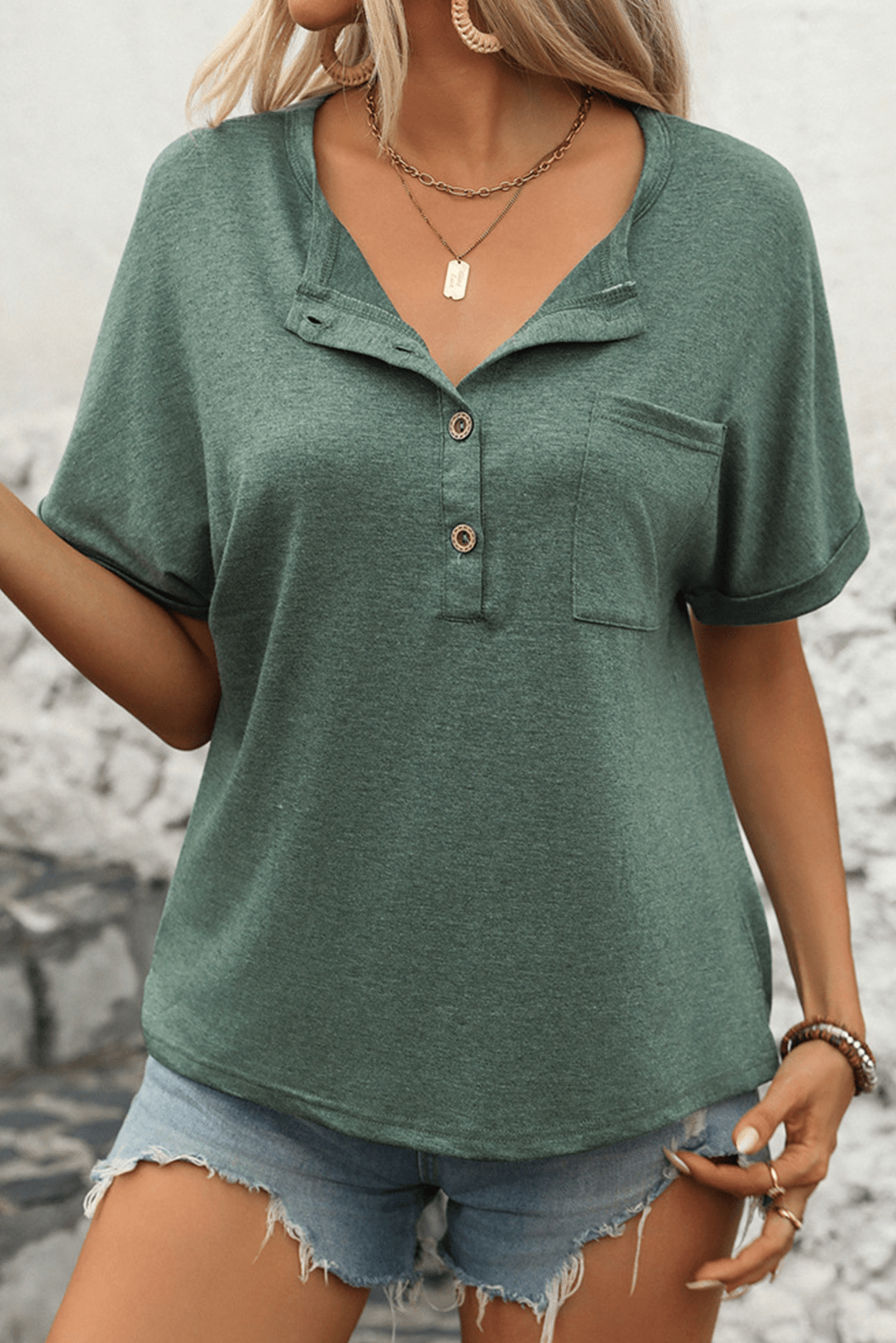 Mist Green Half Button Chest Pocket T Shirt - MAD RUFFI