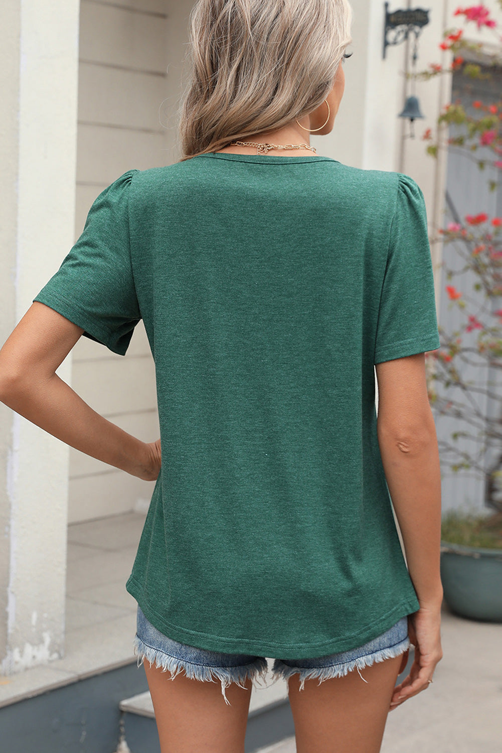 Mist Green Plain Pleated Round Neck T-Shirt - MAD RUFFI