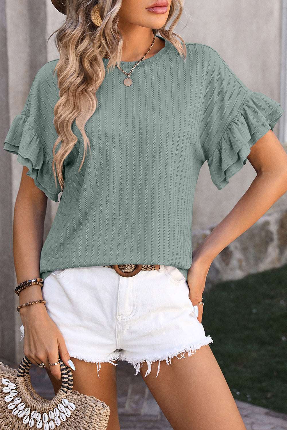 Mist Green Plain Textured Layered Ruffle Sleeve T Shirt - MAD RUFFI