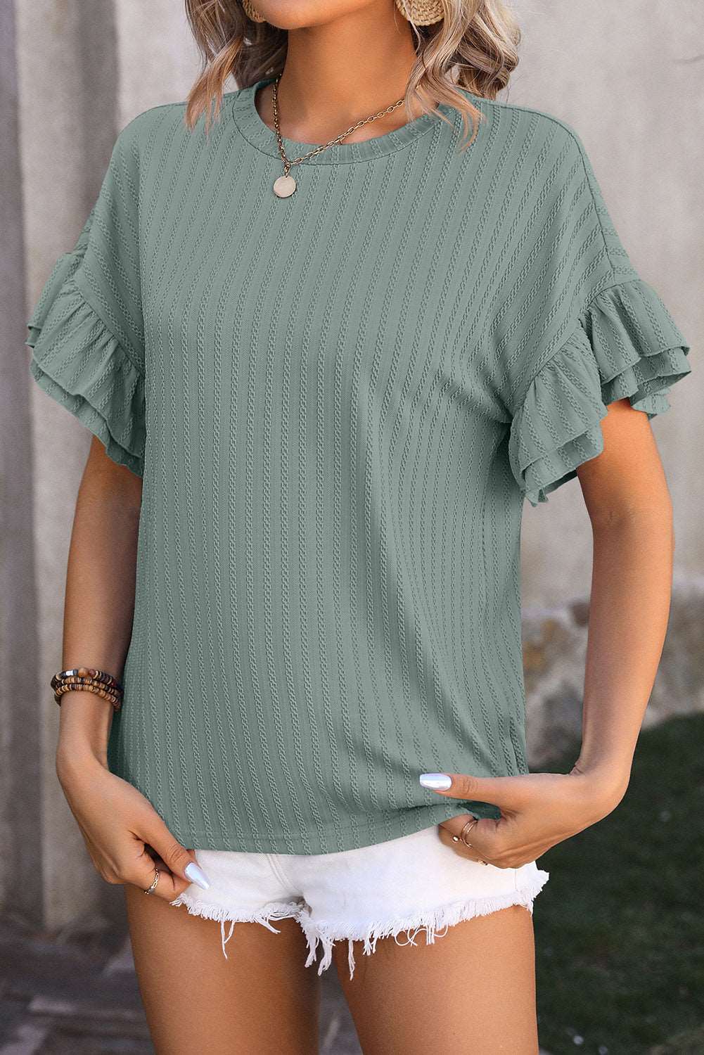 Mist Green Plain Textured Layered Ruffle Sleeve T Shirt - MAD RUFFI