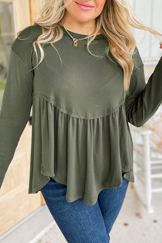 Mist Green Plus Size Thermal Knitted Babydoll Flare Top - Mist Green / 1X - Plus Size Tops