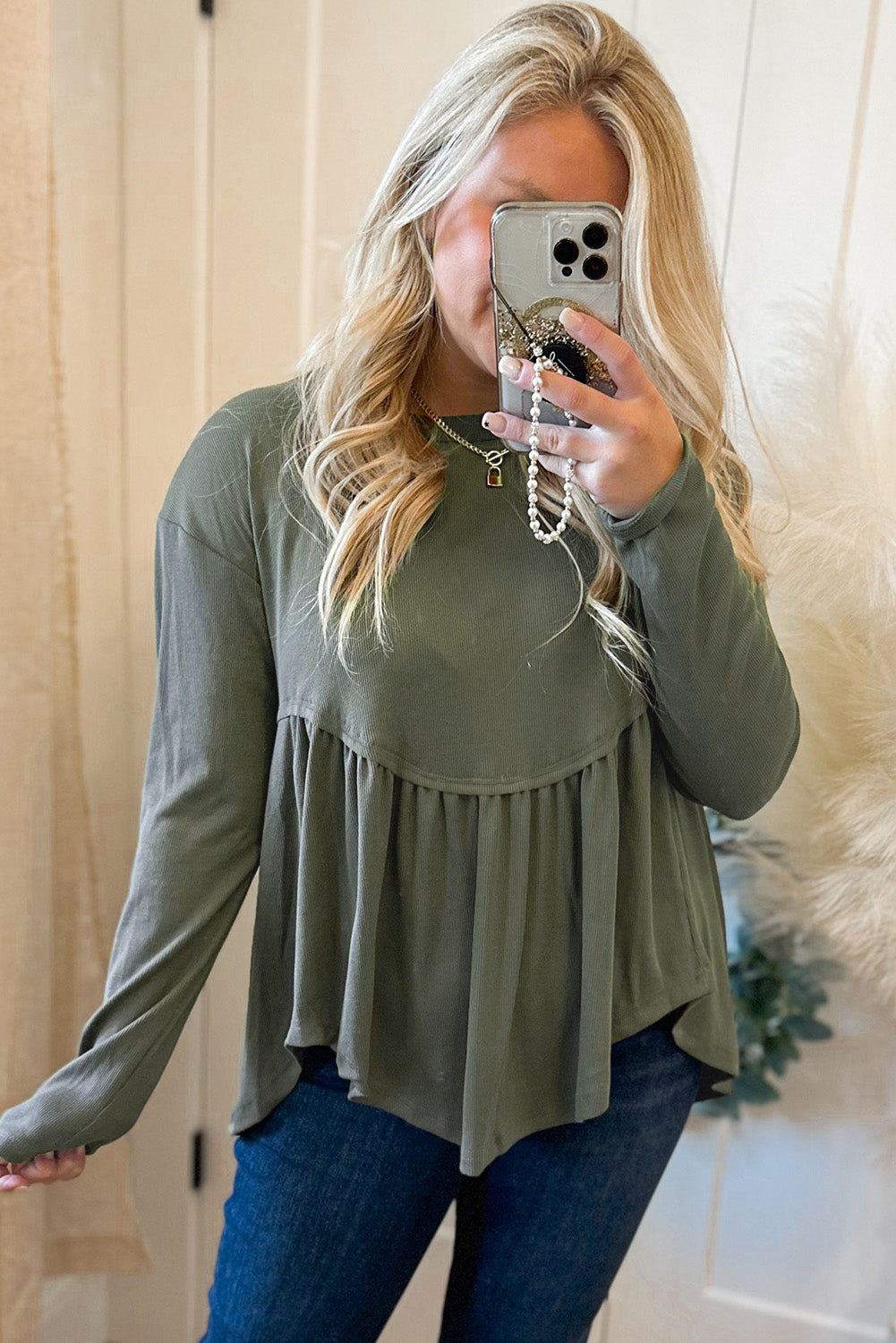 Mist Green Plus Size Thermal Knitted Babydoll Flare Top - Plus Size Tops