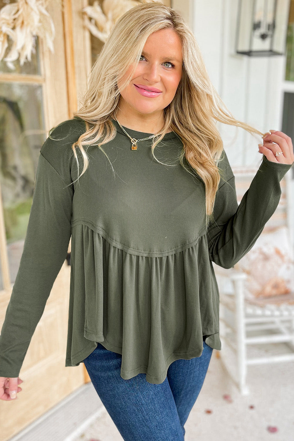 Mist Green Plus Size Thermal Knitted Babydoll Flare Top - Plus Size Tops