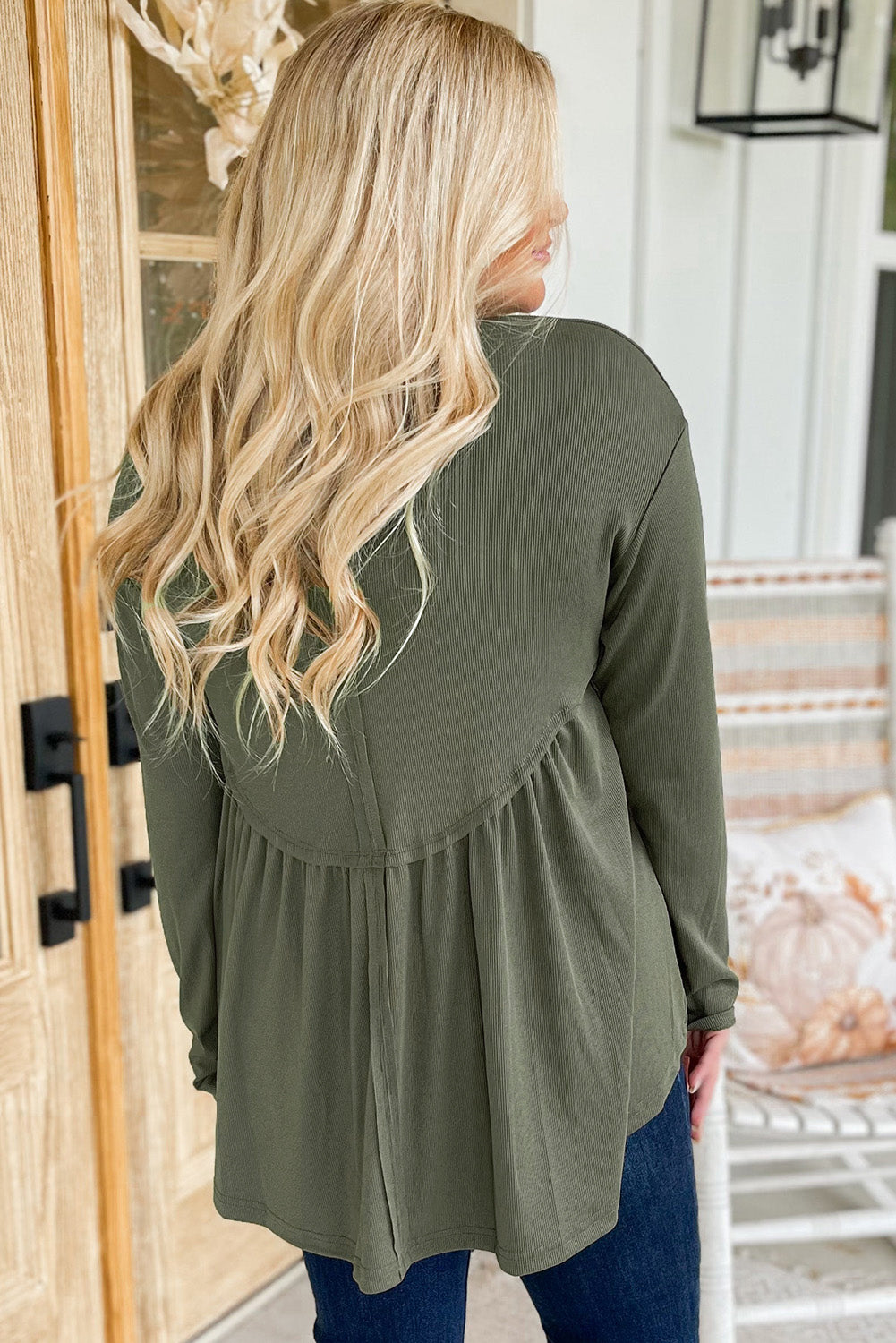 Mist Green Plus Size Thermal Knitted Babydoll Flare Top - Plus Size Tops