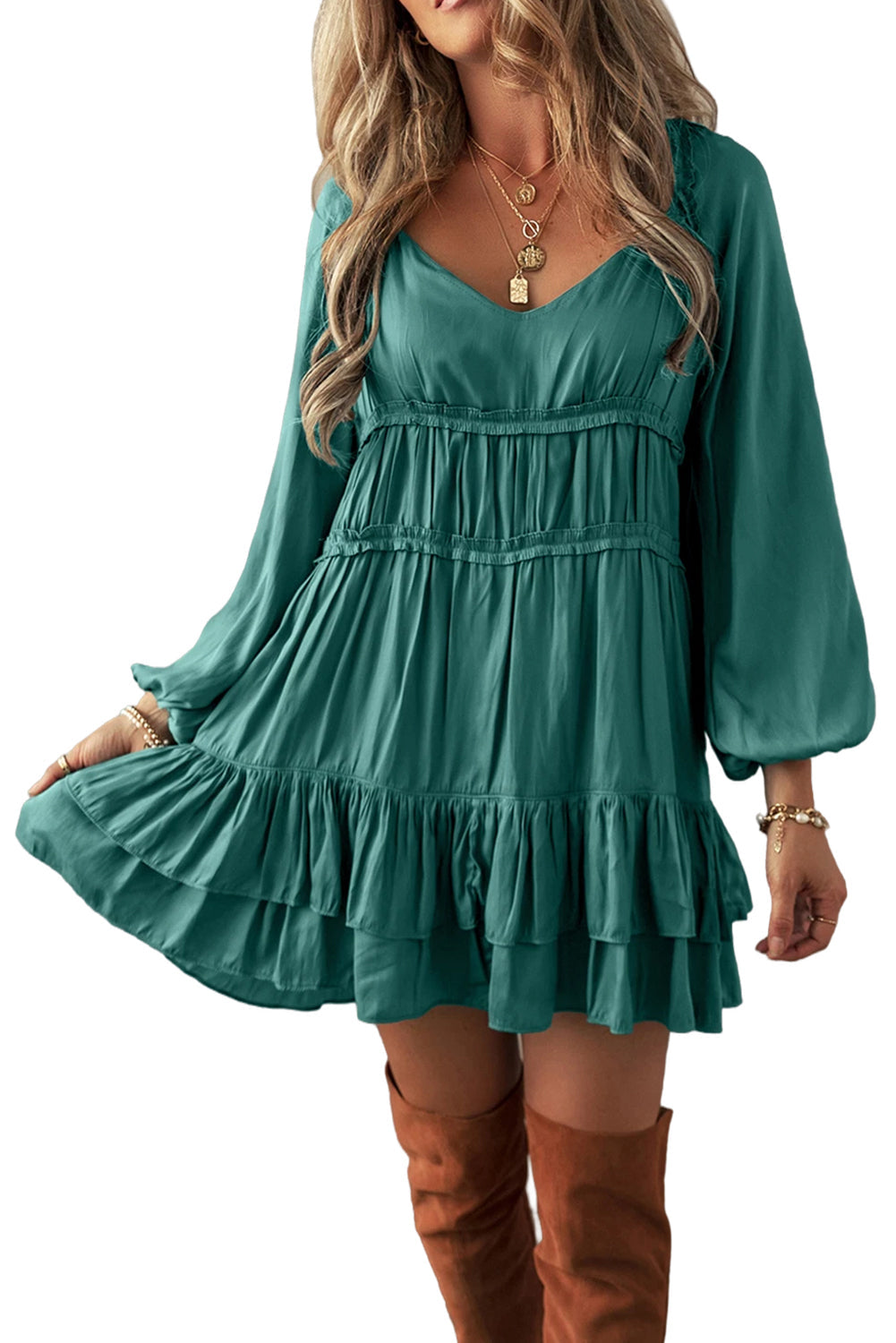 Mist Green Puff Sleeve Loose Fit Tiered Ruffle Mini Dress - MAD RUFFI