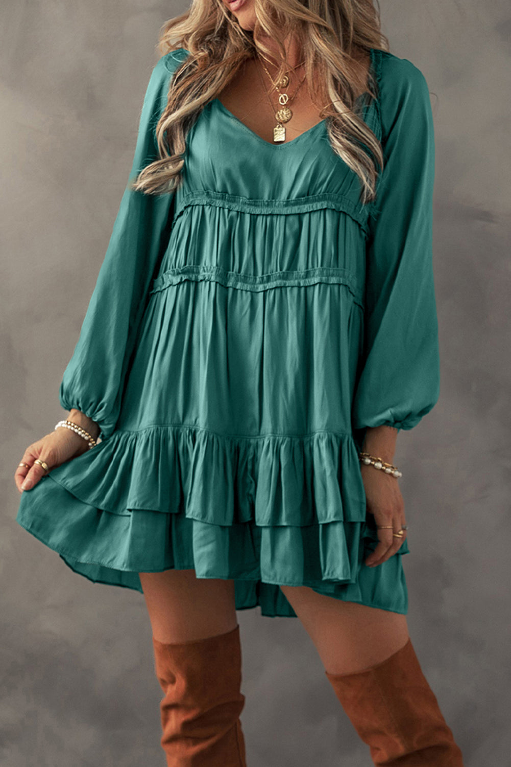 Mist Green Puff Sleeve Loose Fit Tiered Ruffle Mini Dress - MAD RUFFI