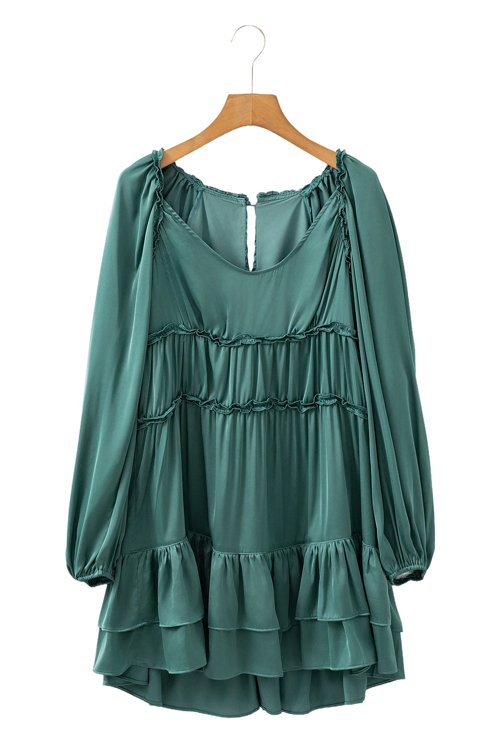 Mist Green Puff Sleeve Loose Fit Tiered Ruffle Mini Dress - MAD RUFFI