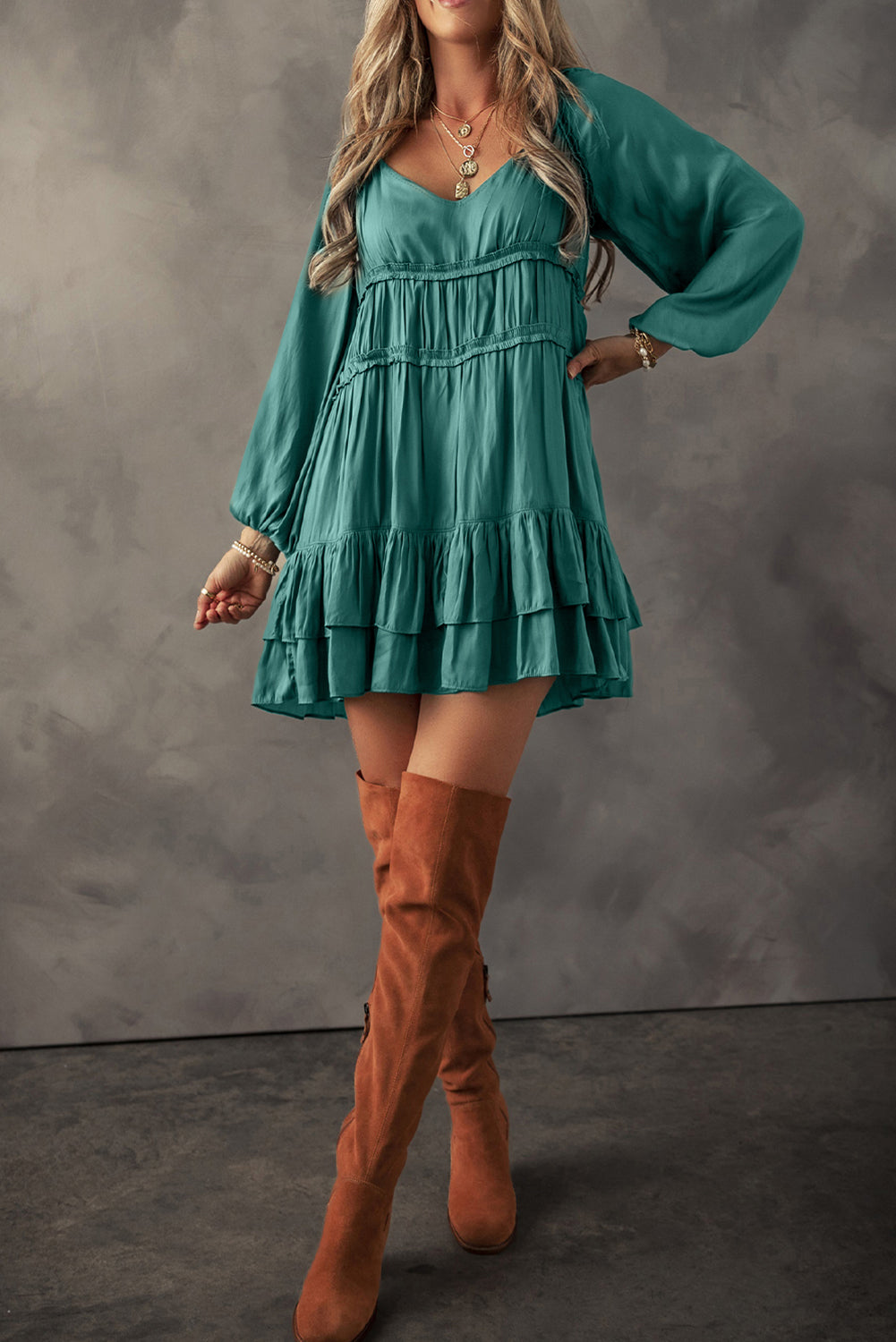 Mist Green Puff Sleeve Loose Fit Tiered Ruffle Mini Dress - MAD RUFFI