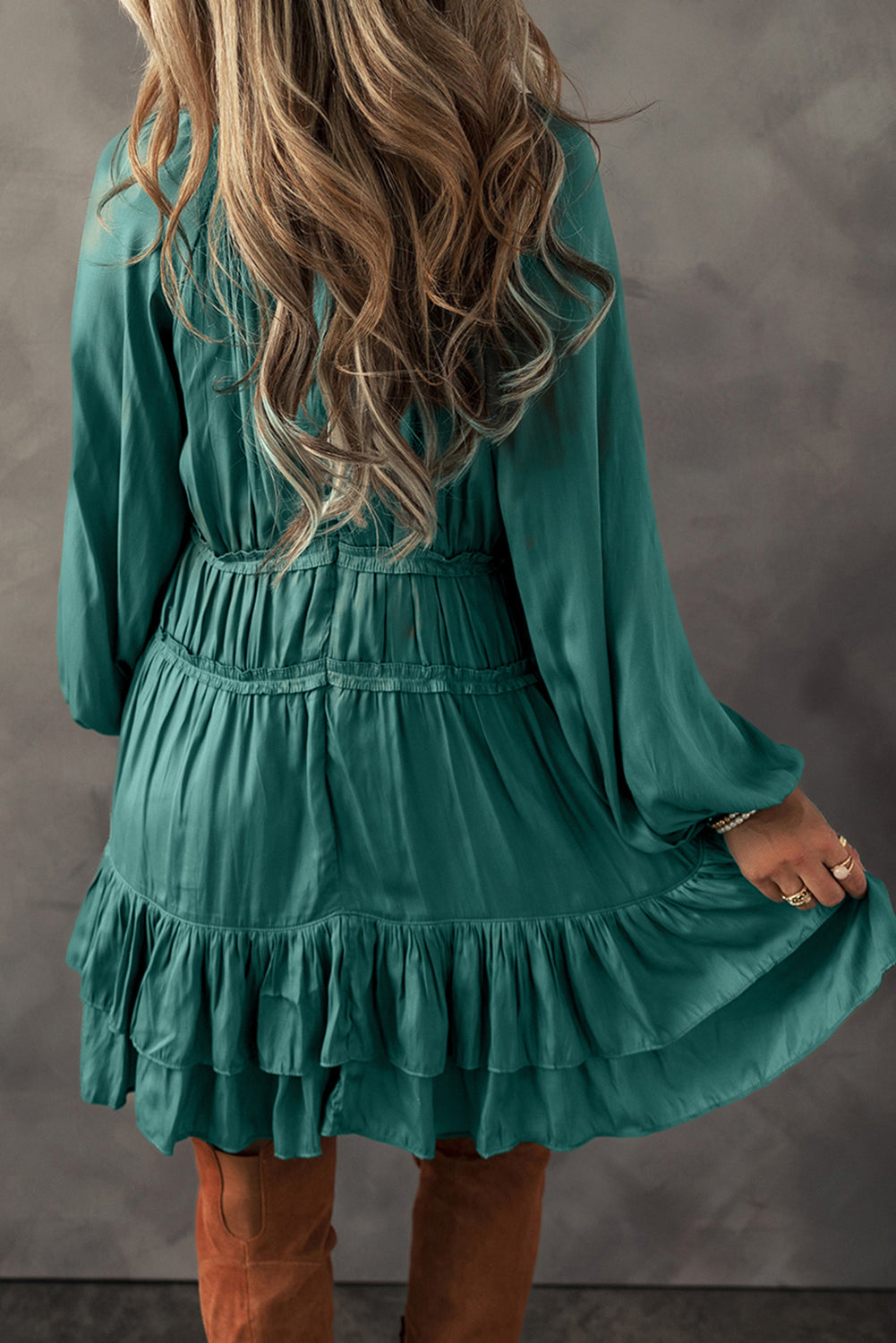 Mist Green Puff Sleeve Loose Fit Tiered Ruffle Mini Dress - MAD RUFFI