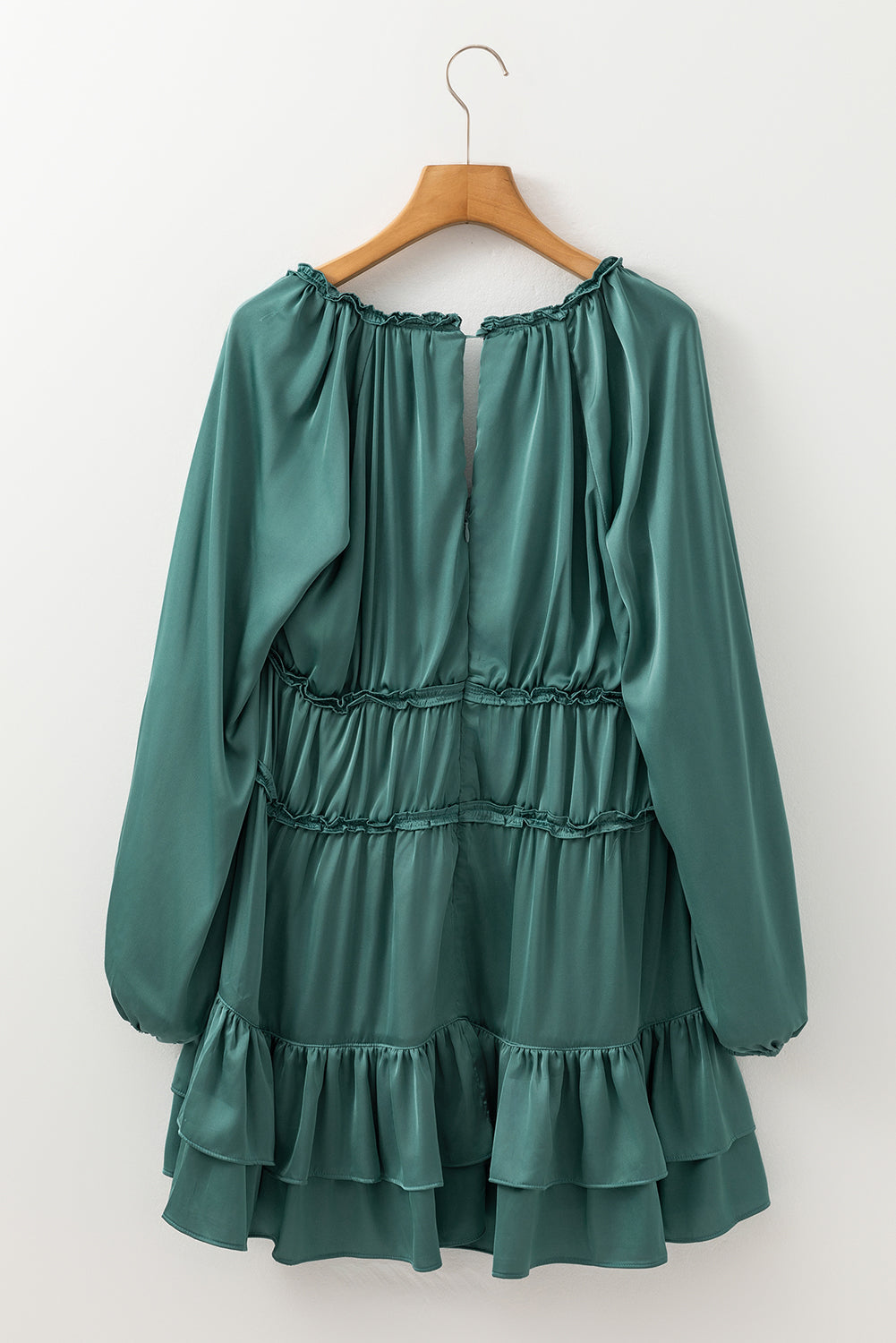 Mist Green Puff Sleeve Loose Fit Tiered Ruffle Mini Dress - MAD RUFFI