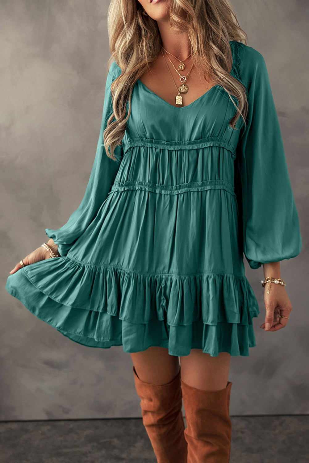 Mist Green Puff Sleeve Loose Fit Tiered Ruffle Mini Dress - MAD RUFFI