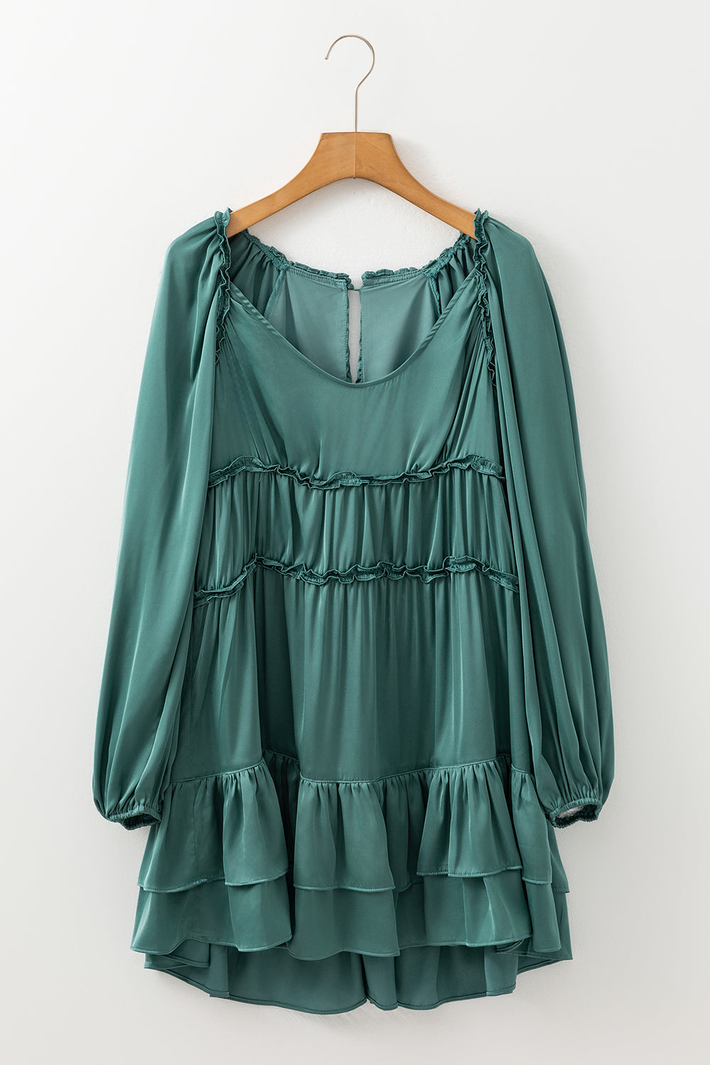 Mist Green Puff Sleeve Loose Fit Tiered Ruffle Mini Dress - MAD RUFFI