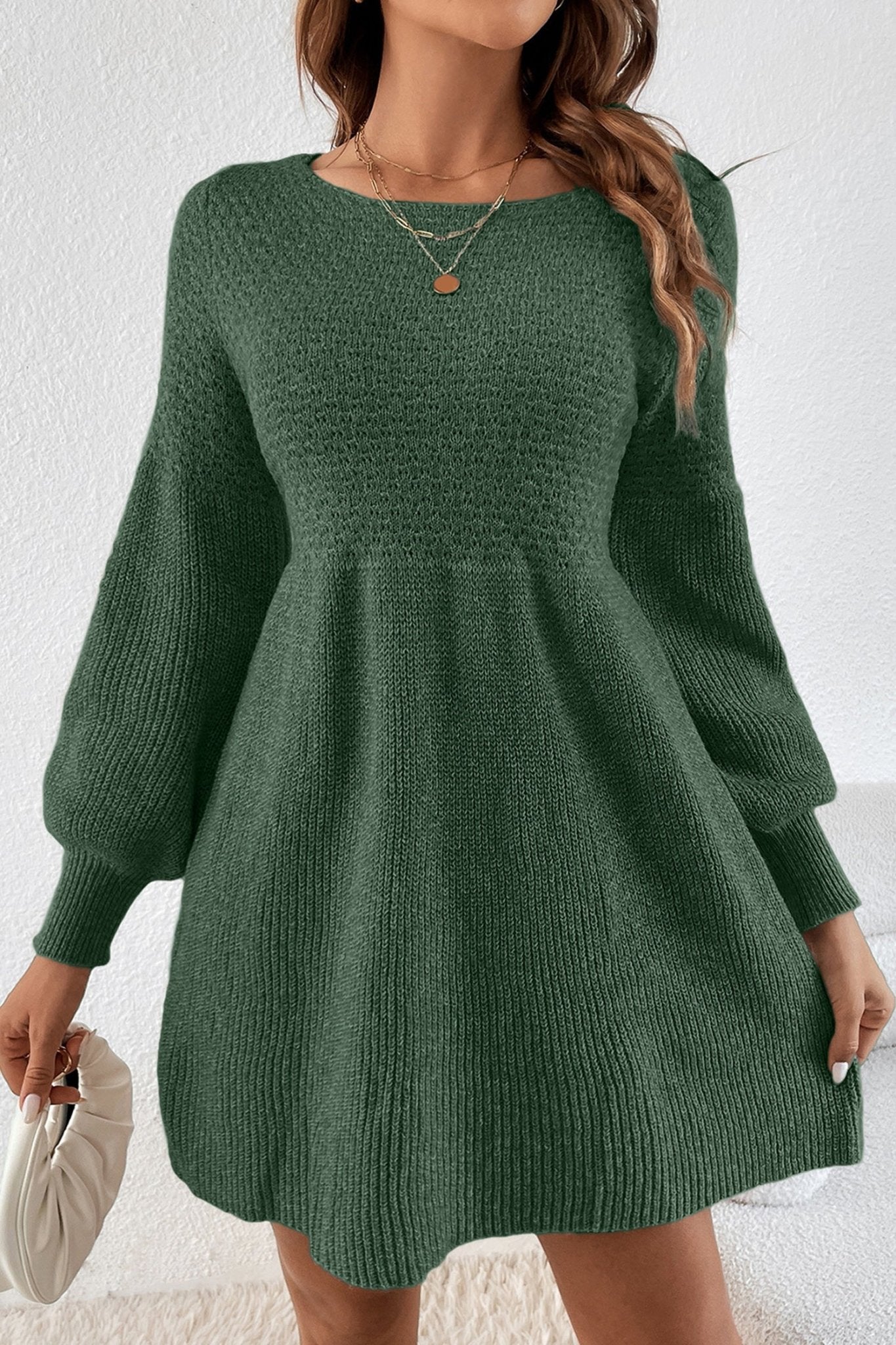 Mist Green Solid Lantern Sleeve Empire Waist Short Sweater Dress Mist Green Solid Lantern Sleeve Empire Waist Short Sweater Dress