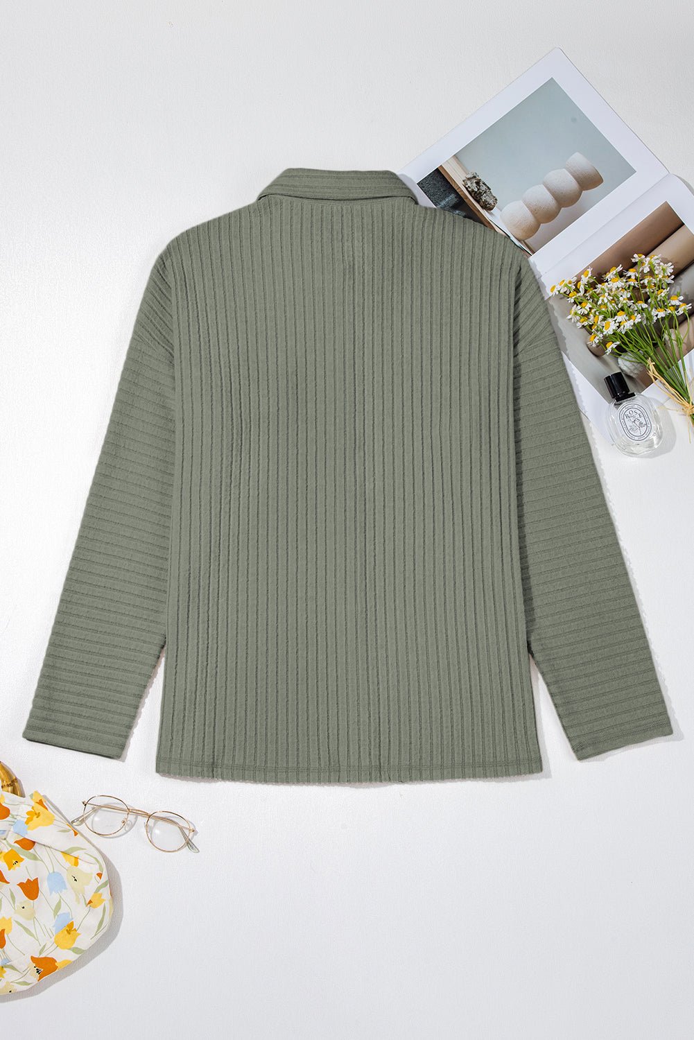 Mist Green Thermal Ribbed Texture Drop Shoulder Button Up Shirt - MAD RUFFI