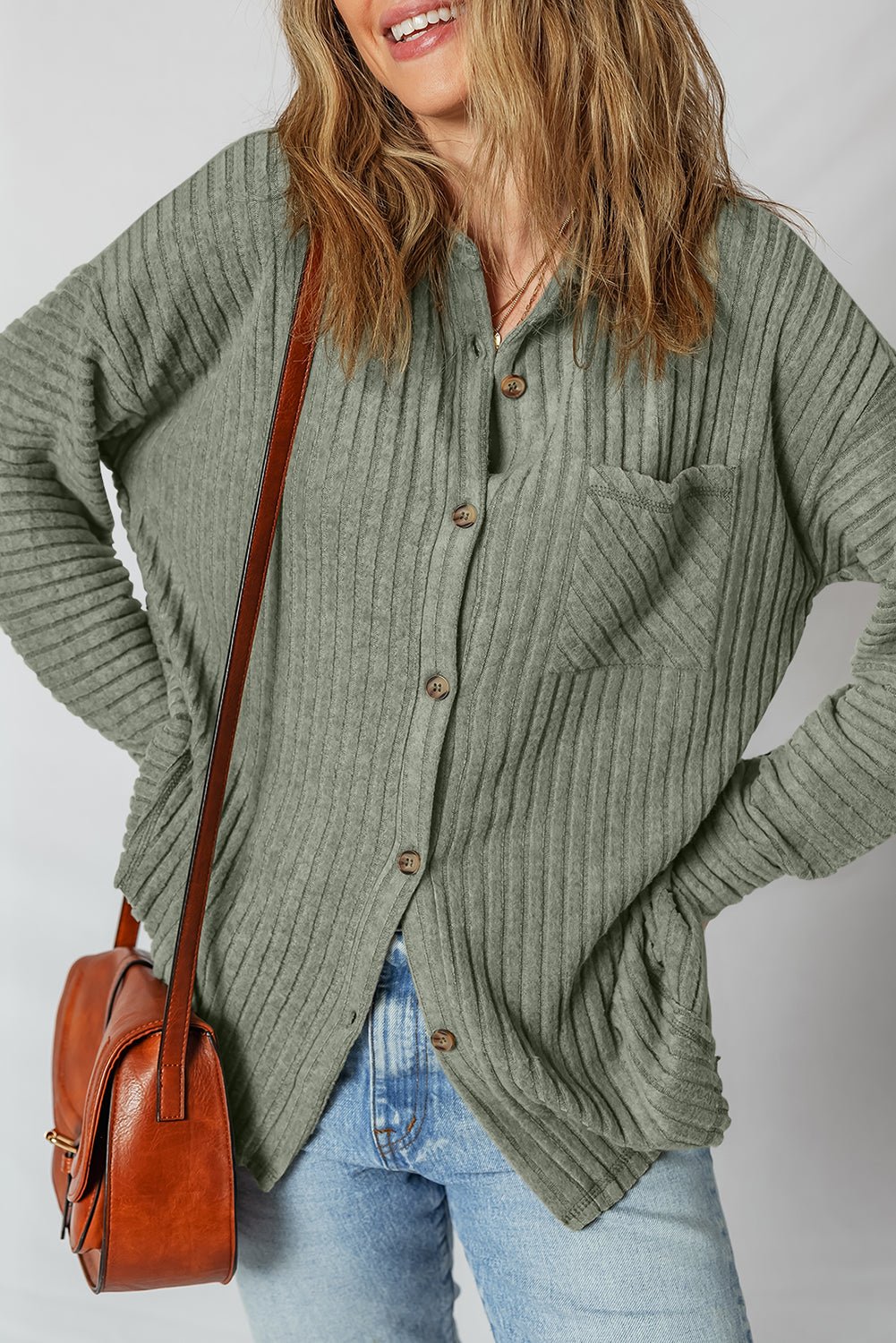 Mist Green Thermal Ribbed Texture Drop Shoulder Button Up Shirt - MAD RUFFI