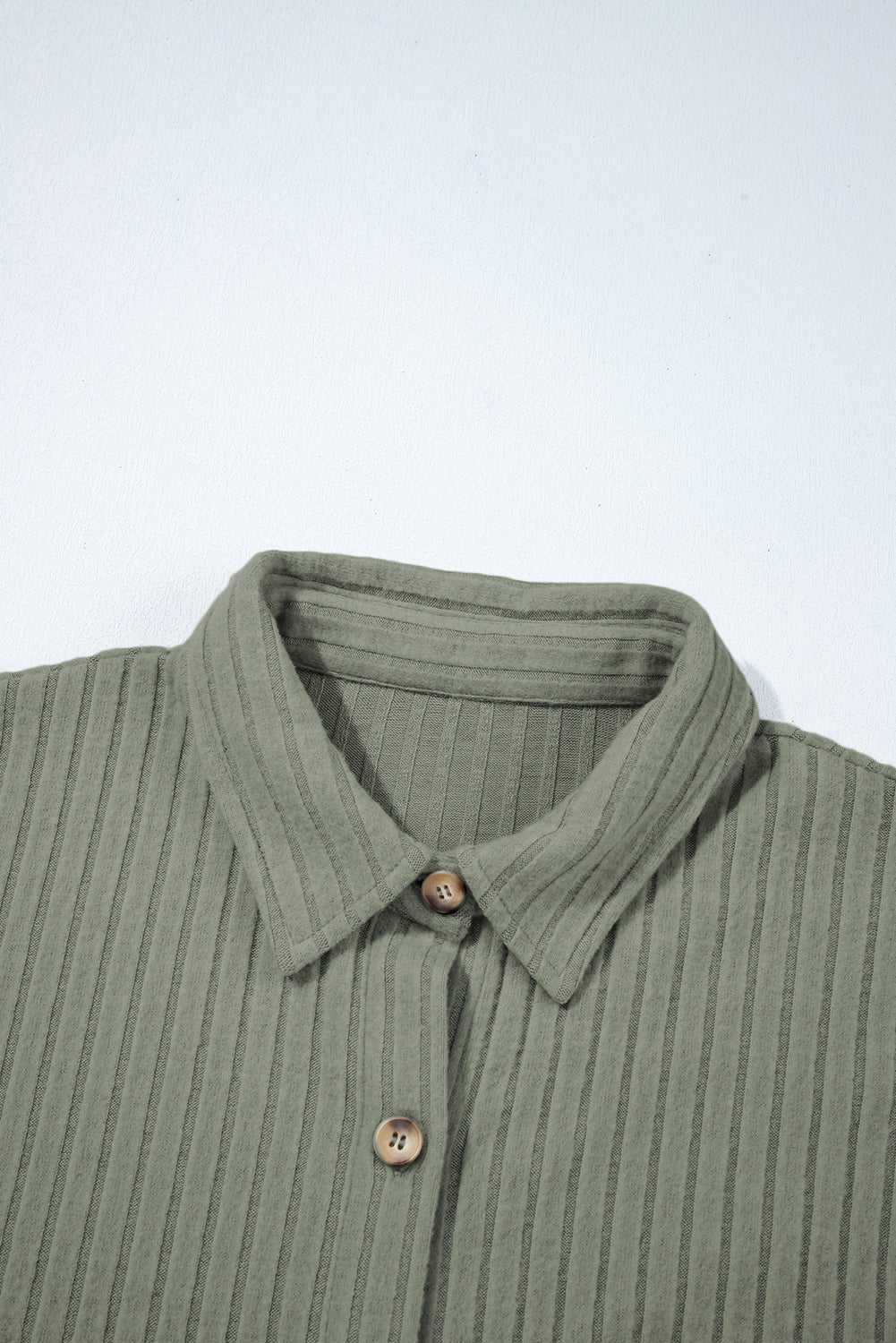 Mist Green Thermal Ribbed Texture Drop Shoulder Button Up Shirt - MAD RUFFI