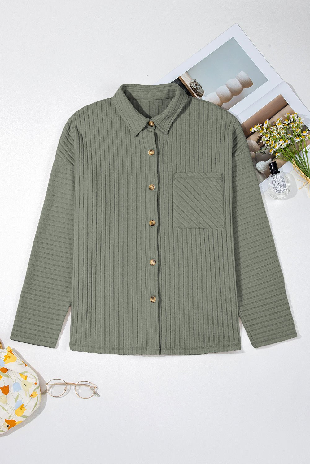 Mist Green Thermal Ribbed Texture Drop Shoulder Button Up Shirt - MAD RUFFI