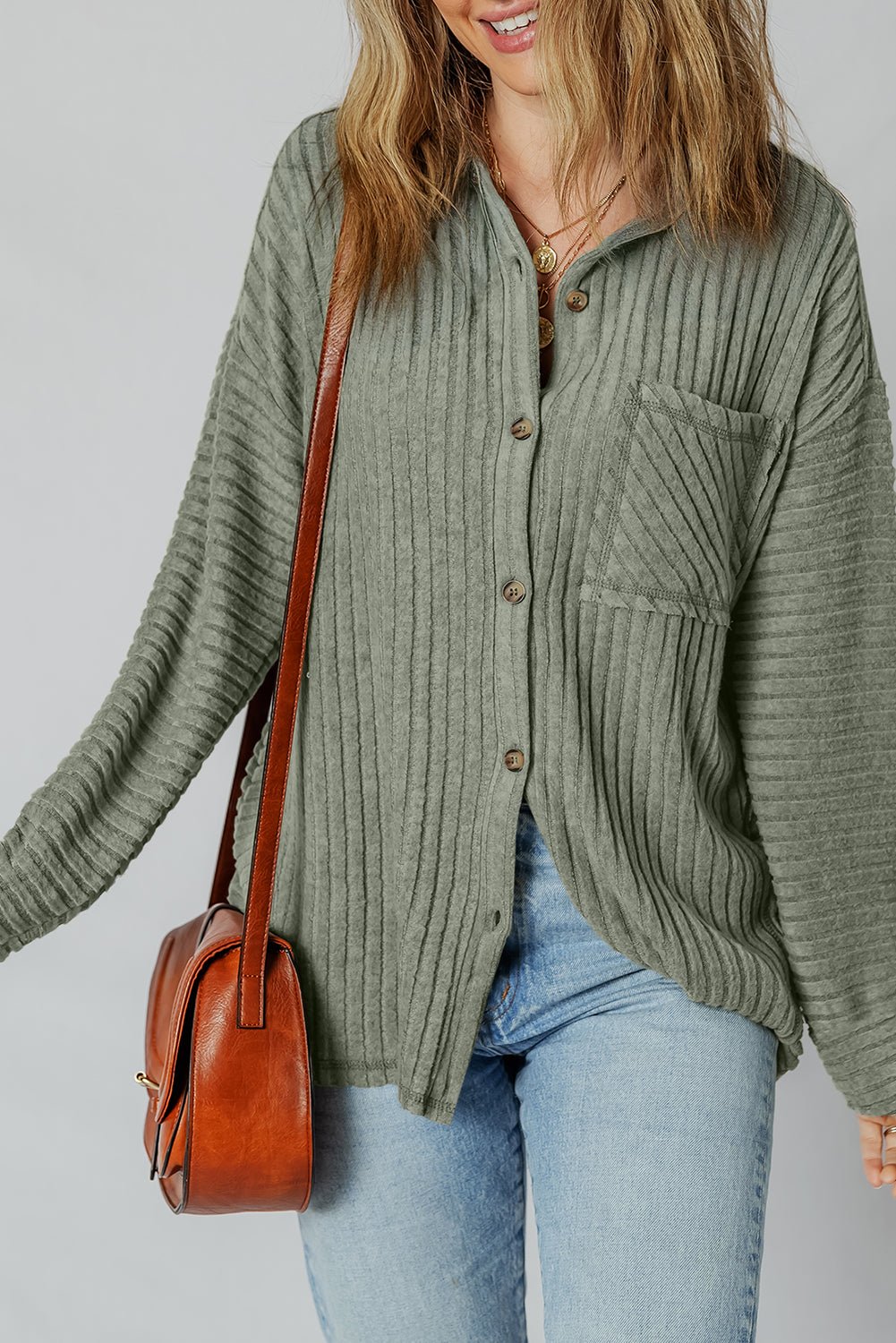 Mist Green Thermal Ribbed Texture Drop Shoulder Button Up Shirt - MAD RUFFI