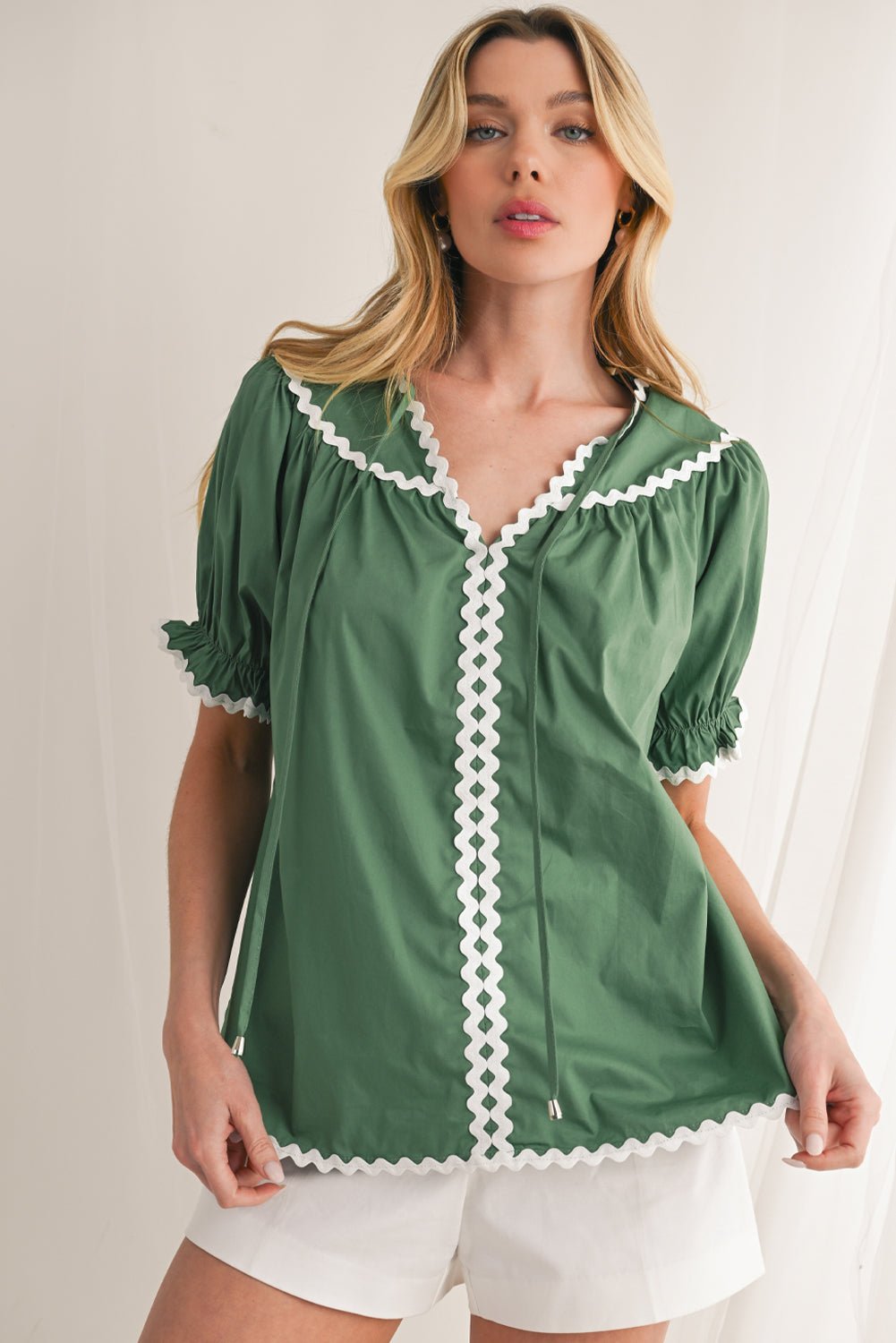 Mist Green V Neck Tie Detail Ricrac Blouse - MAD RUFFI