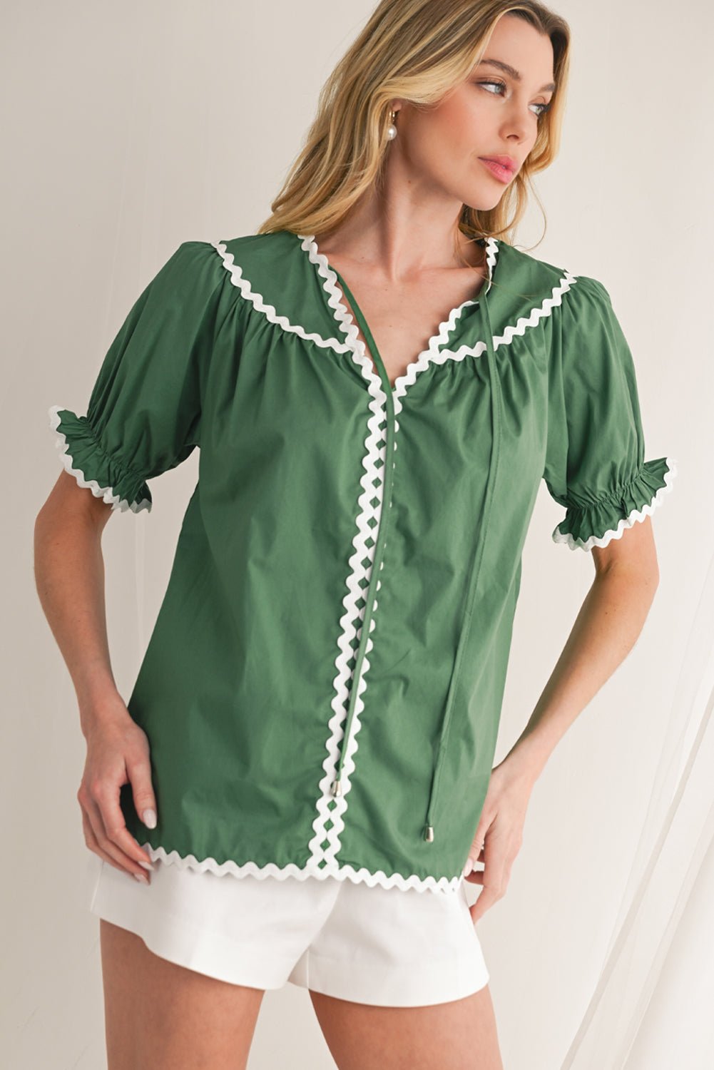 Mist Green V Neck Tie Detail Ricrac Blouse - MAD RUFFI