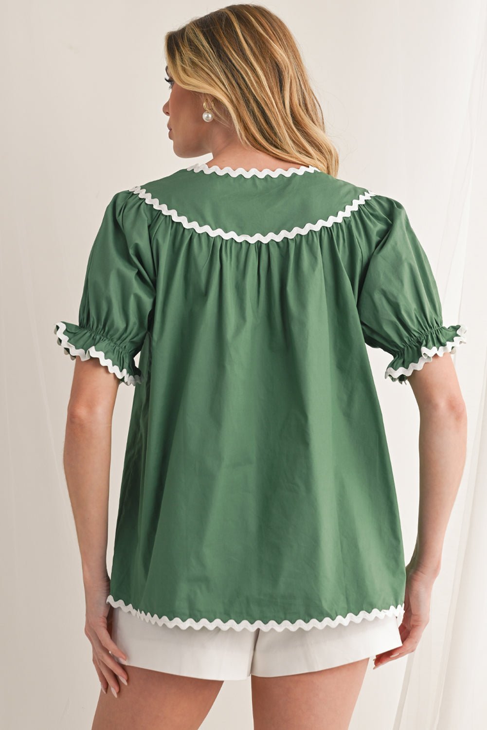 Mist Green V Neck Tie Detail Ricrac Blouse - MAD RUFFI