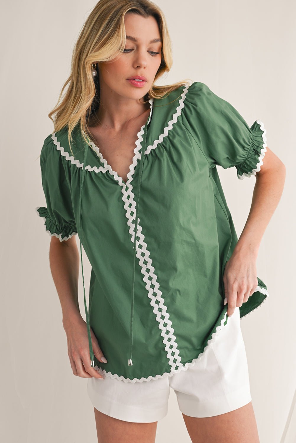 Mist Green V Neck Tie Detail Ricrac Blouse - MAD RUFFI