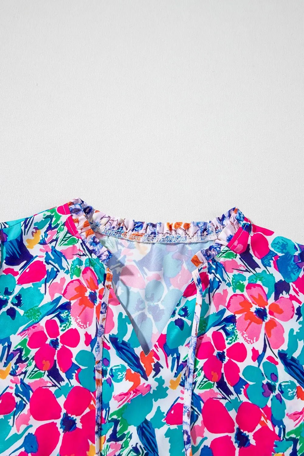 Mixed Floral Print Tie Neck Short Sleeve Dress - MAD RUFFI