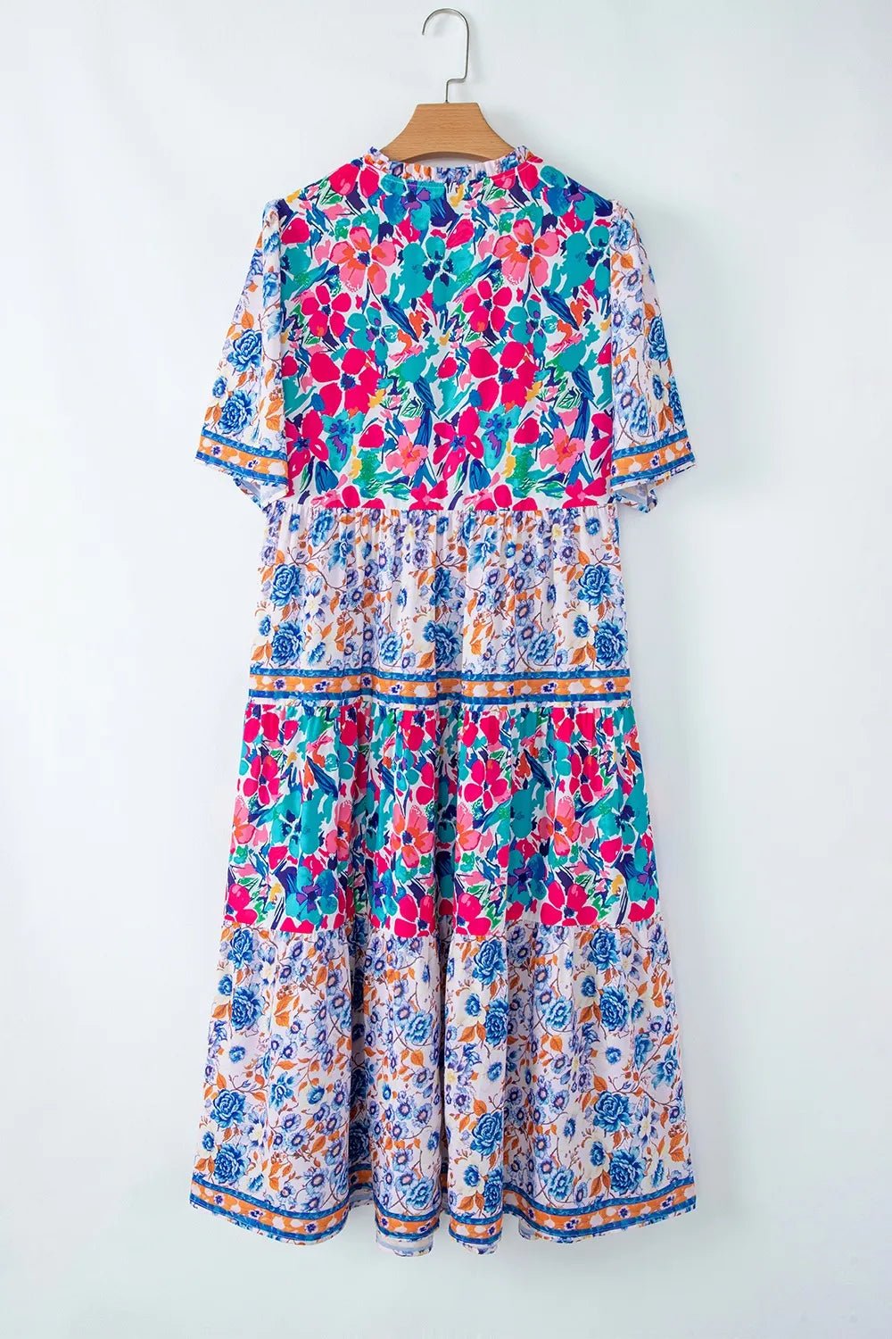 Mixed Floral Print Tie Neck Short Sleeve Dress - MAD RUFFI