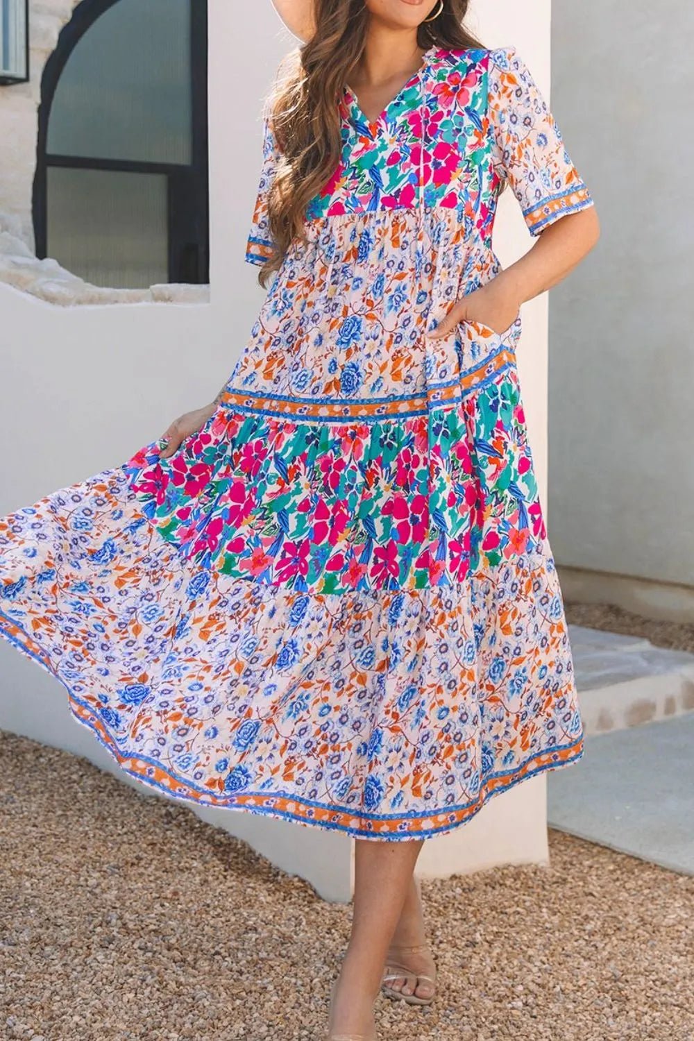 Mixed Floral Print Tie Neck Short Sleeve Dress - MAD RUFFI