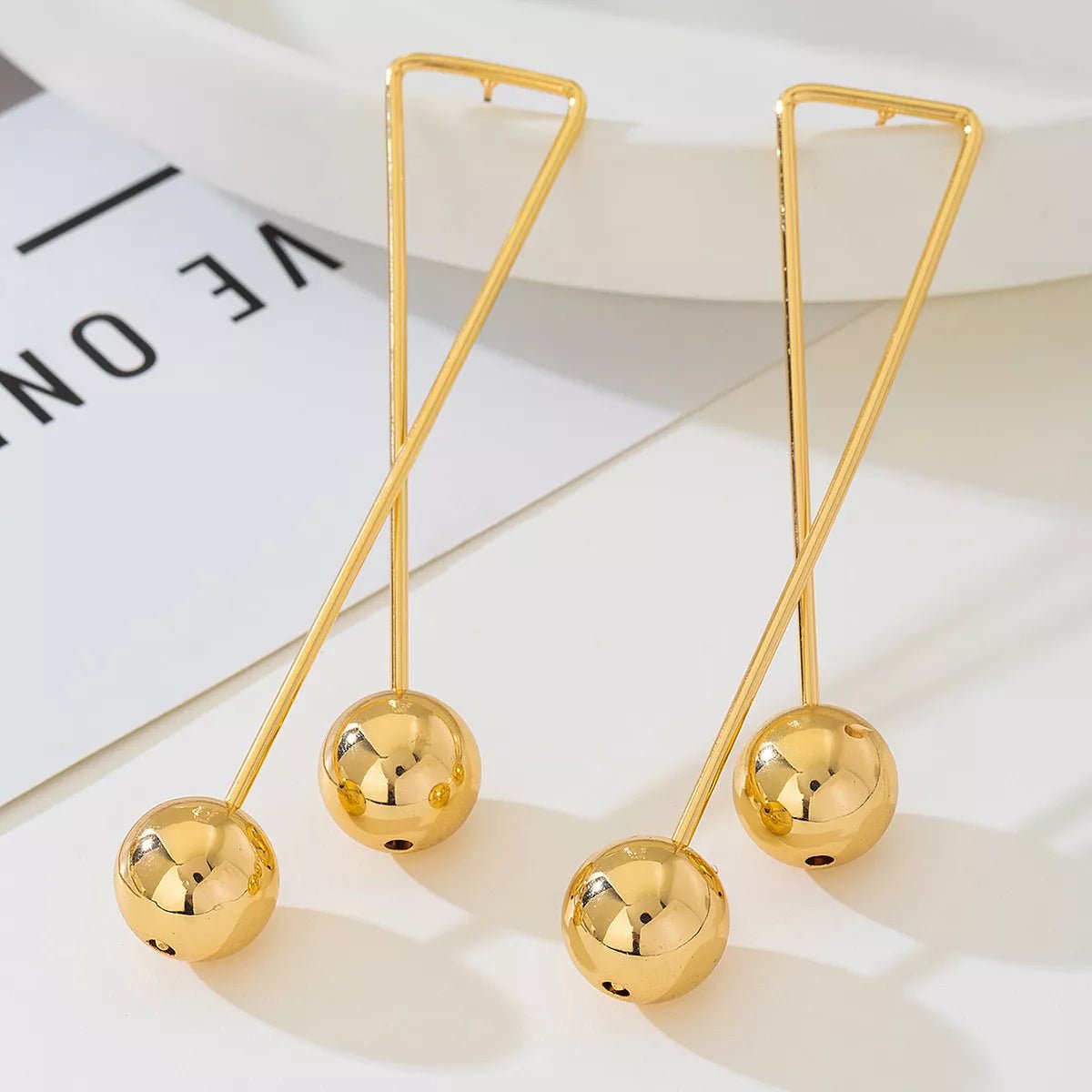 Modern Geometric Triangle Gold Ball Drop Earrings - MAD RUFFI