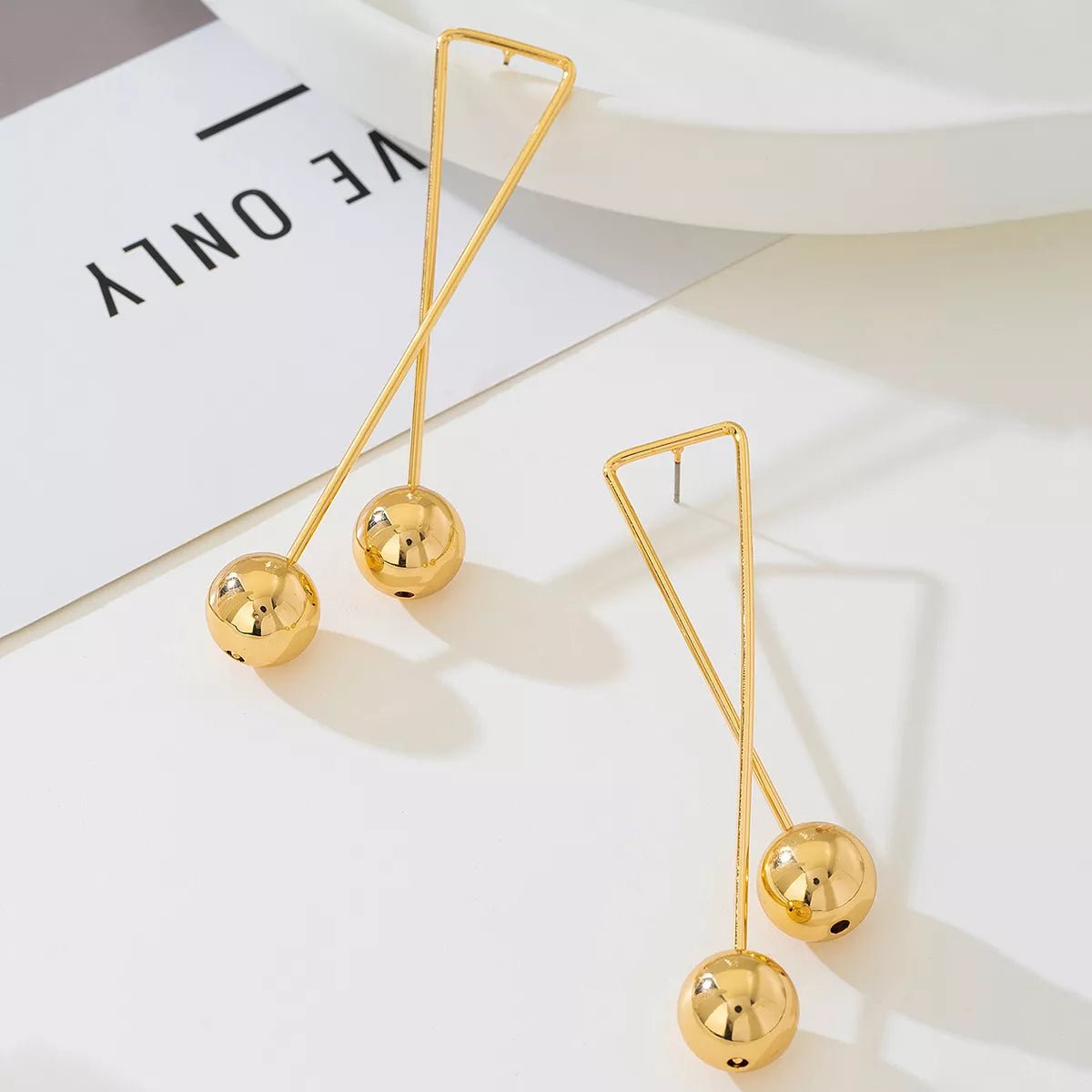 Modern Geometric Triangle Gold Ball Drop Earrings - MAD RUFFI
