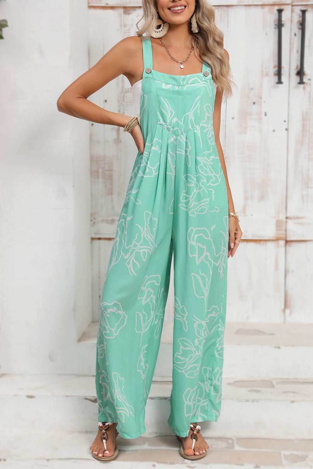 Moonlight Jade Abstract Print Wide Leg Bib Overall - MAD RUFFI