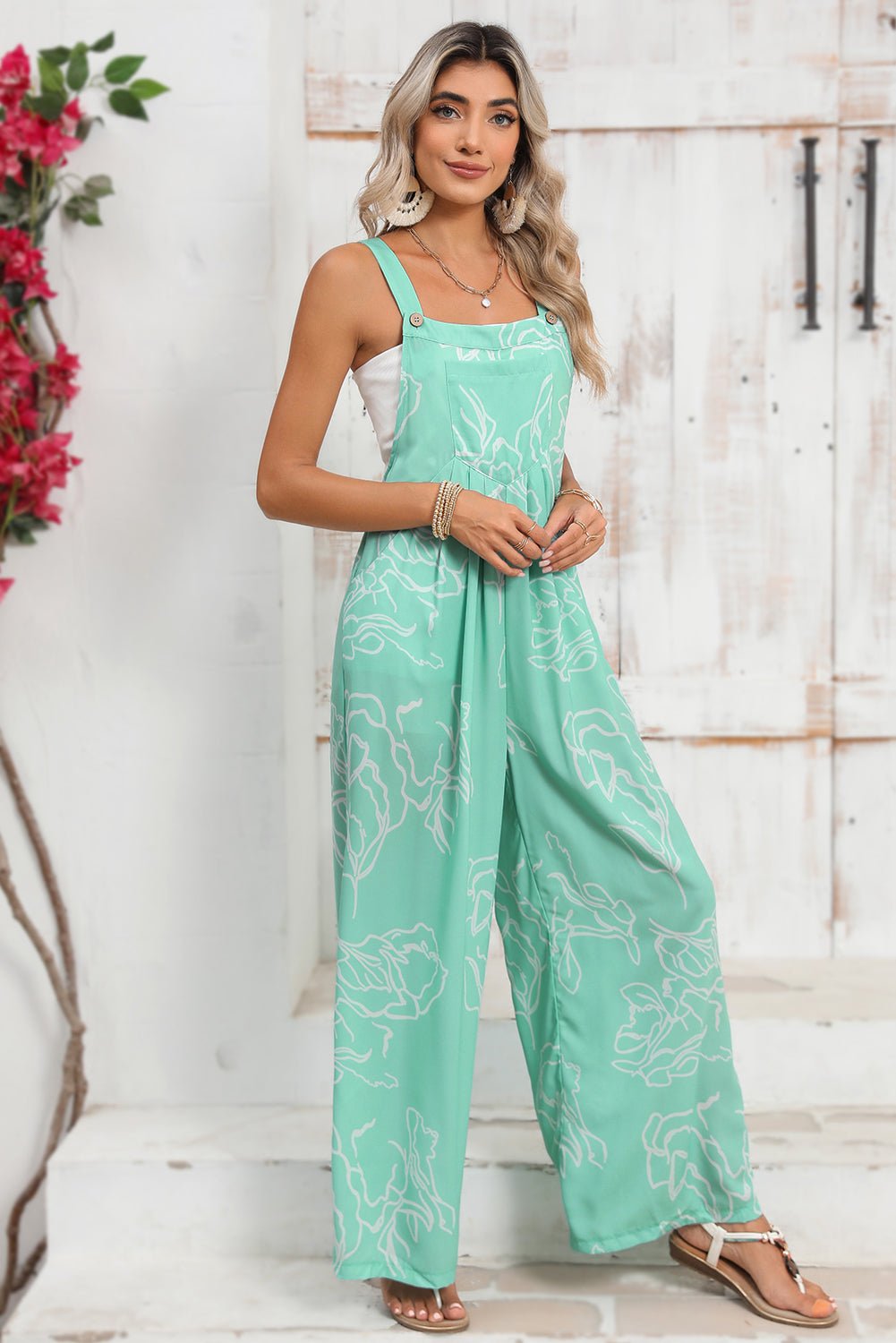 Moonlight Jade Abstract Print Wide Leg Bib Overall - MAD RUFFI