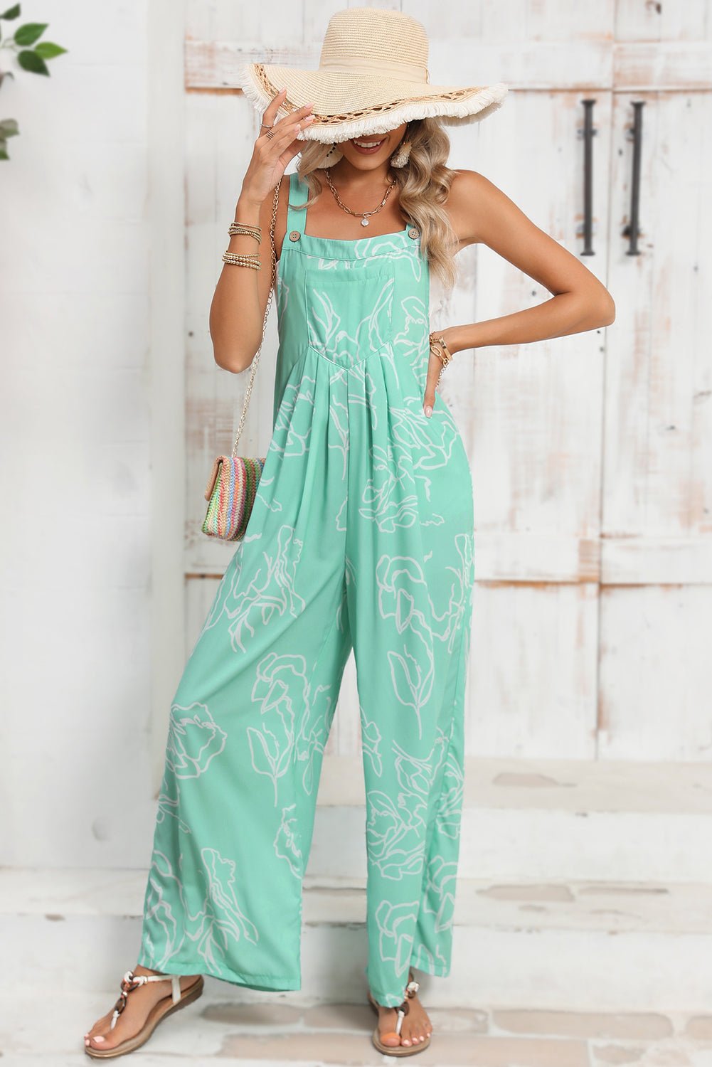 Moonlight Jade Abstract Print Wide Leg Bib Overall - MAD RUFFI