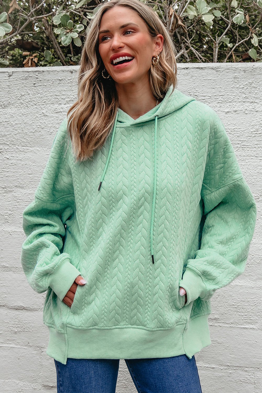 Moonlight Jade Cable Textured Baggy Solid Hoodie - MAD RUFFI