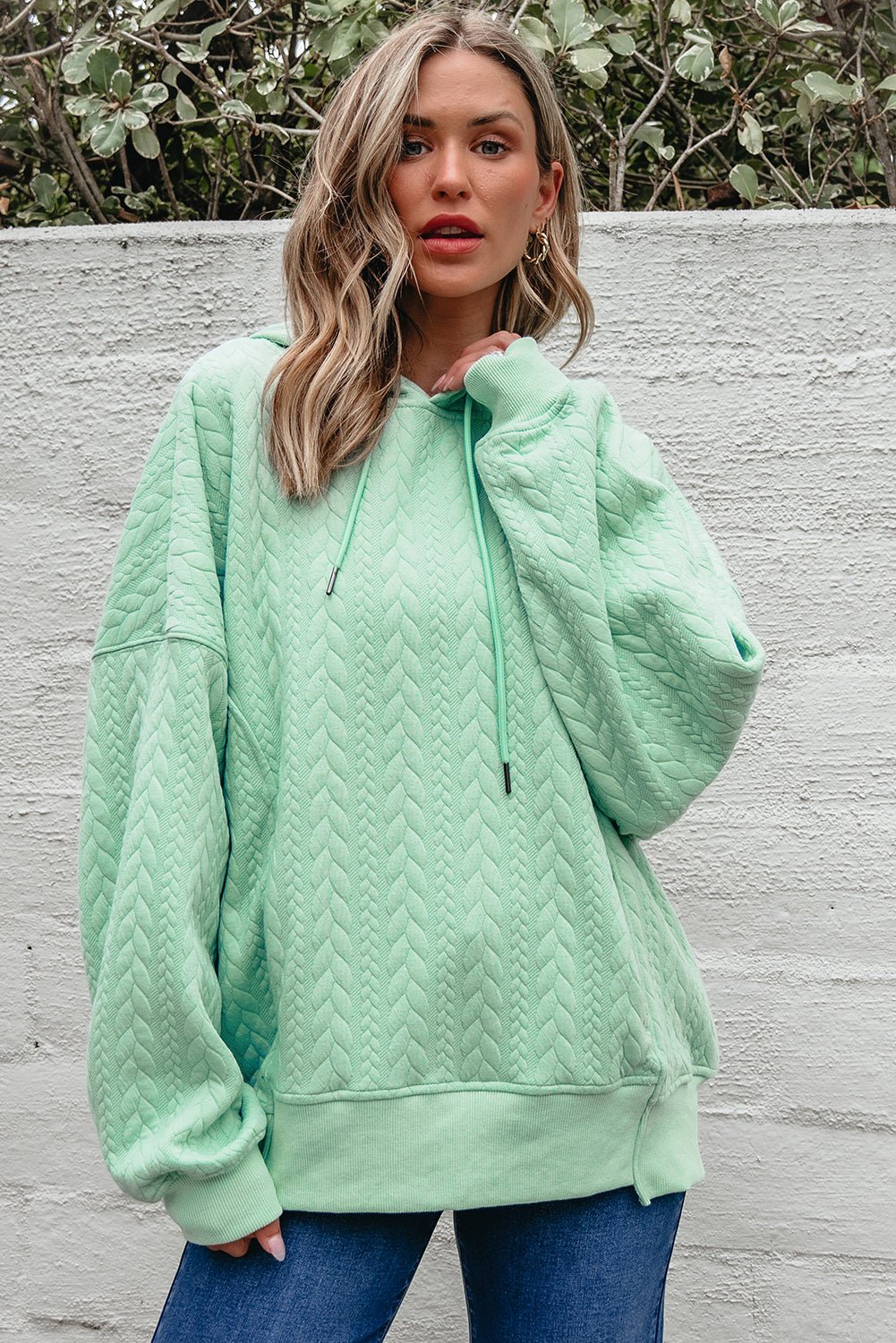 Moonlight Jade Cable Textured Baggy Solid Hoodie - MAD RUFFI