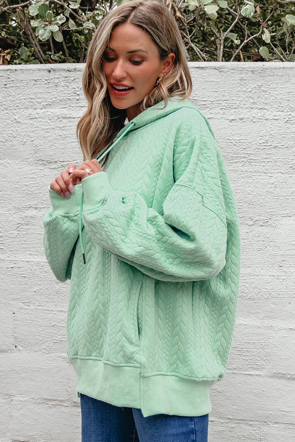 Moonlight Jade Cable Textured Baggy Solid Hoodie - MAD RUFFI