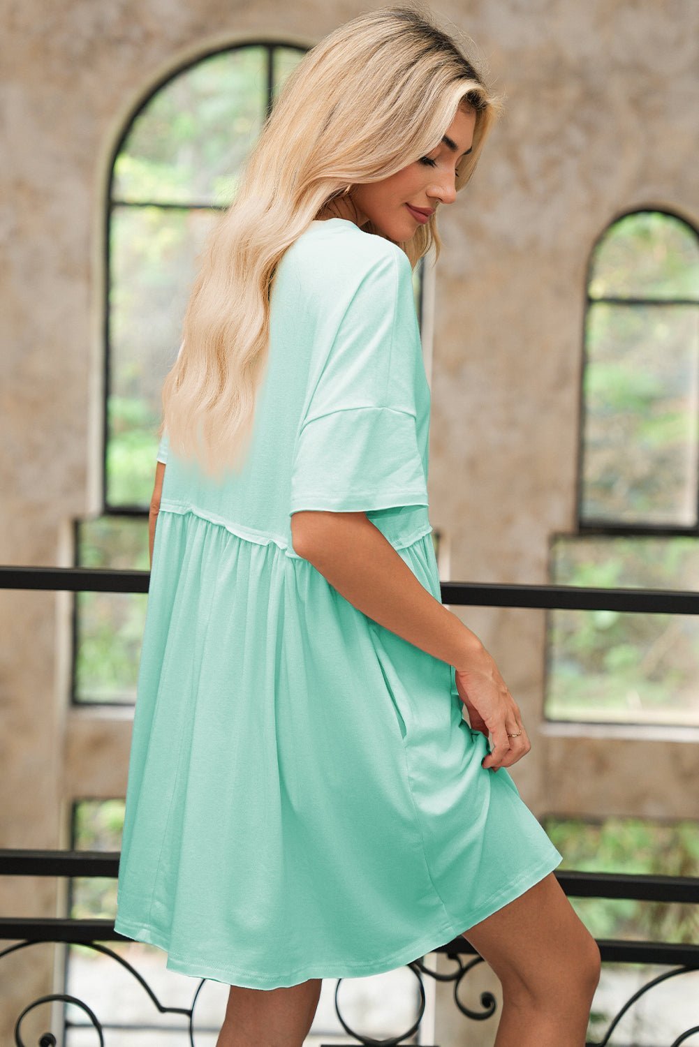 Moonlight Jade Solid Color Pocket Raw Edge Babydoll Dress - MAD RUFFI