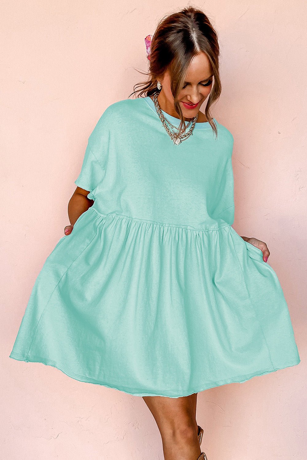 Moonlight Jade Solid Color Pocket Raw Edge Babydoll Dress - MAD RUFFI