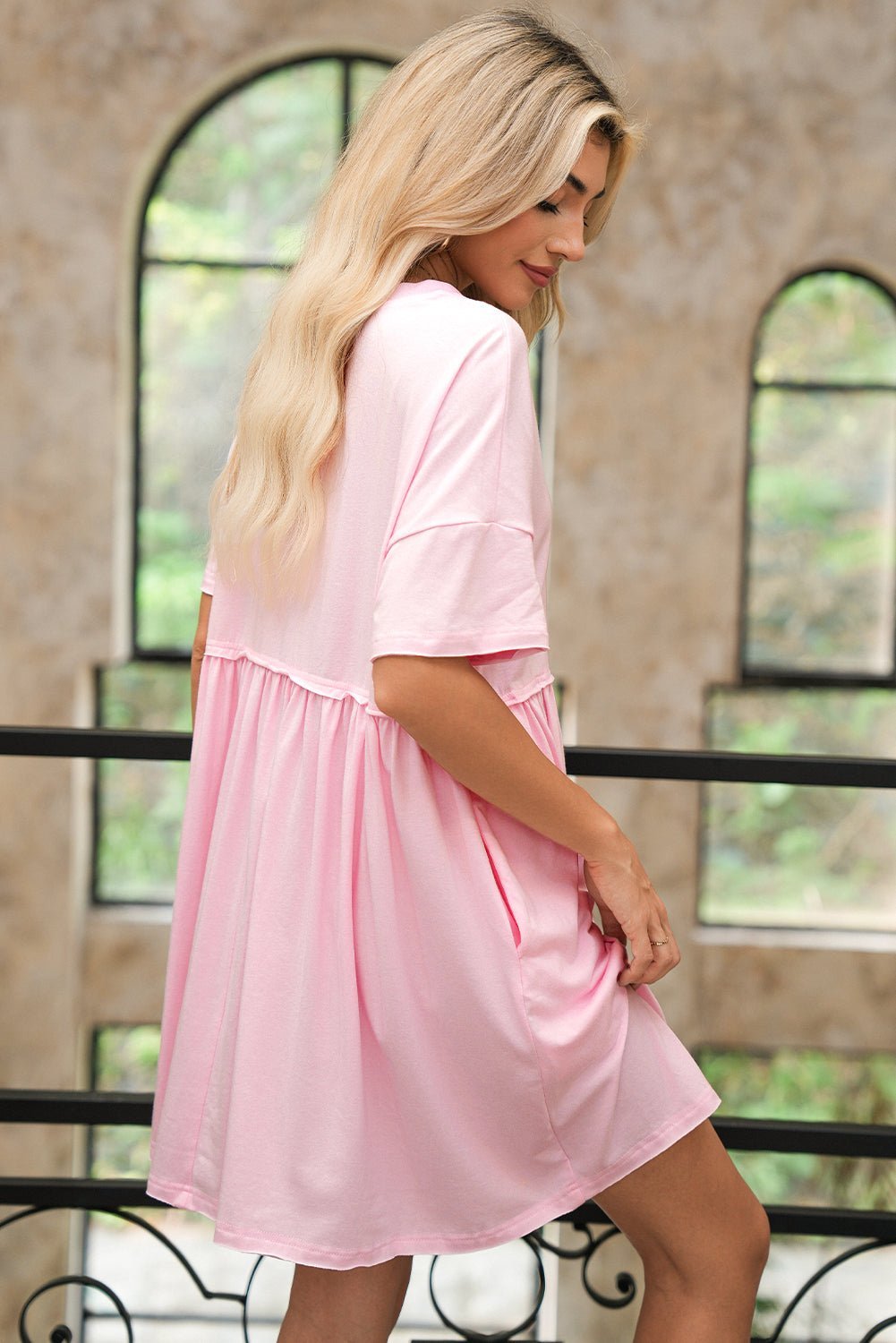 Moonlight Jade Solid Color Pocket Raw Edge Babydoll Dress - MAD RUFFI