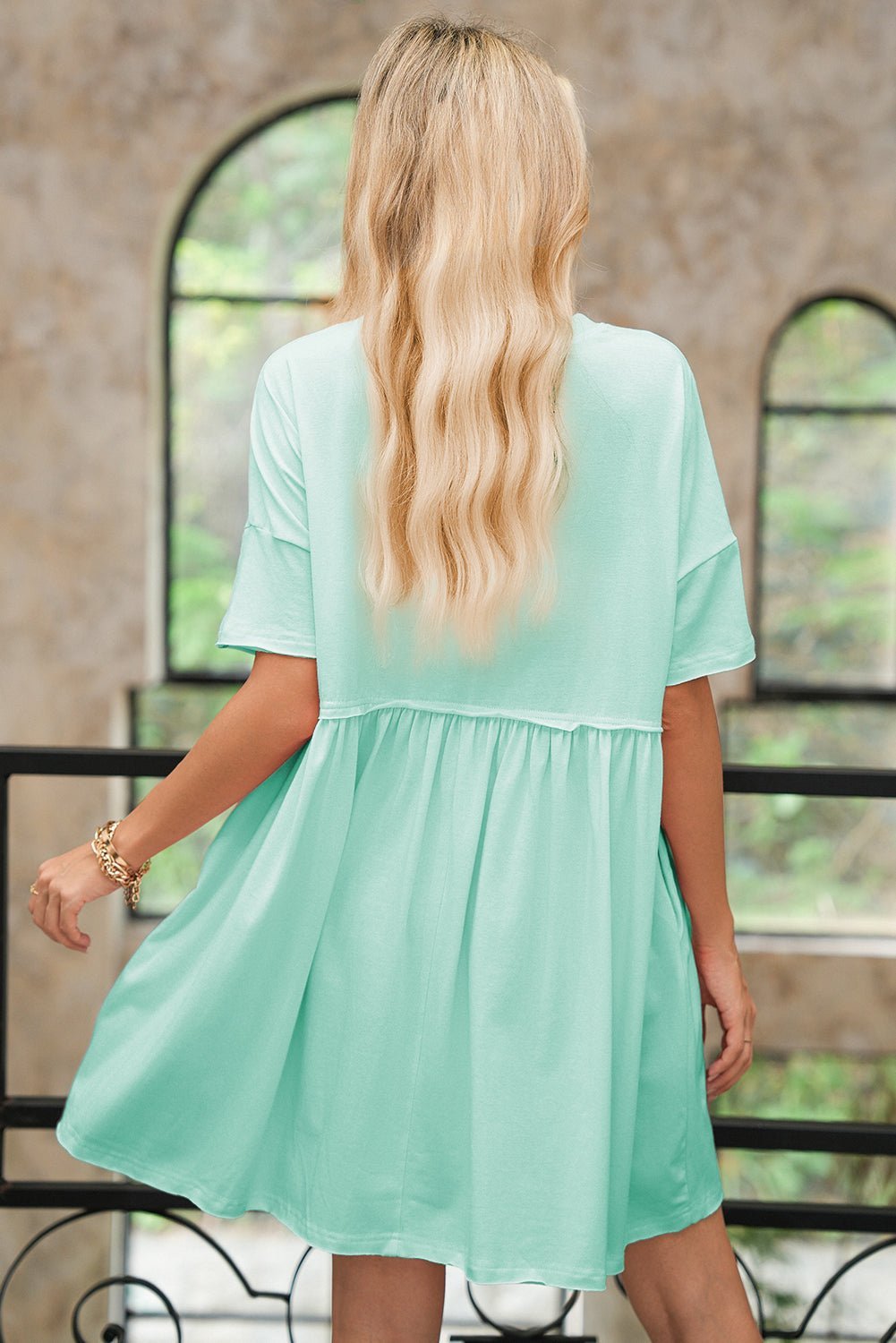 Moonlight Jade Solid Color Pocket Raw Edge Babydoll Dress - MAD RUFFI