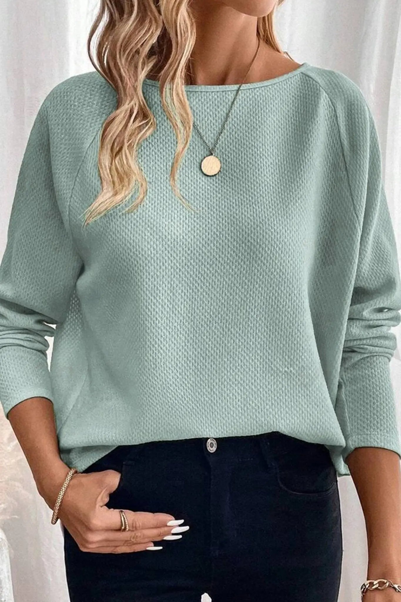 Moonlight Jade Textured Raglan Sleeve Knit Loose Top - MAD RUFFI