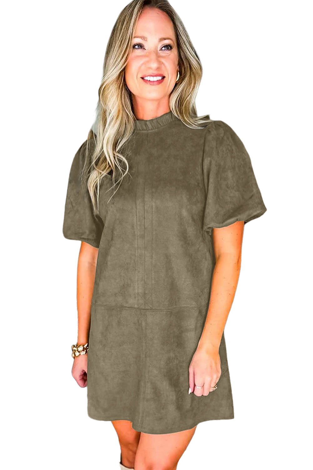 Moss Green Frill Neck Puff Sleeve Mini Dress - MAD RUFFI