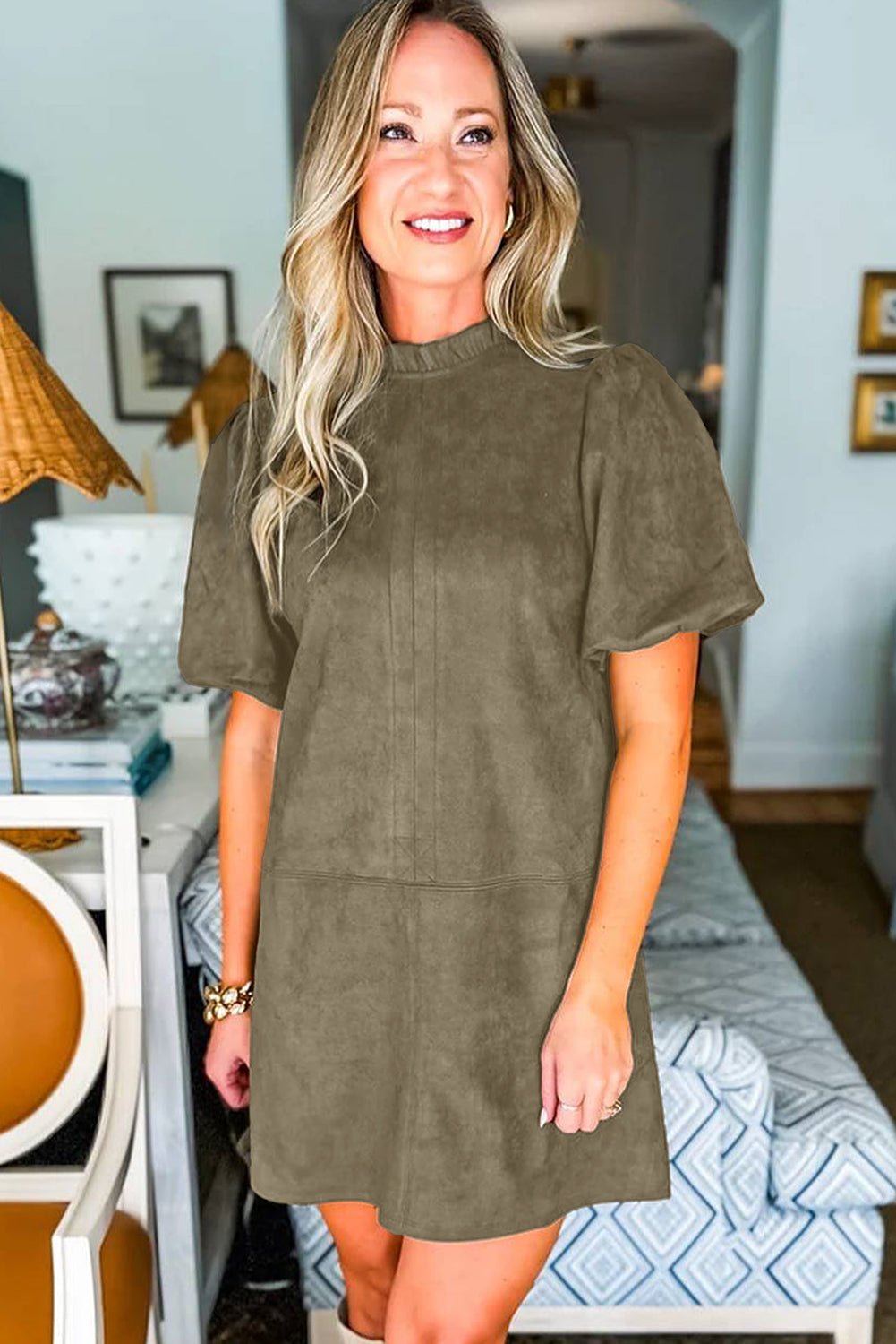 Moss Green Frill Neck Puff Sleeve Mini Dress - MAD RUFFI Moss Green Frill Neck Puff Sleeve Mini Dress - MAD RUFFI